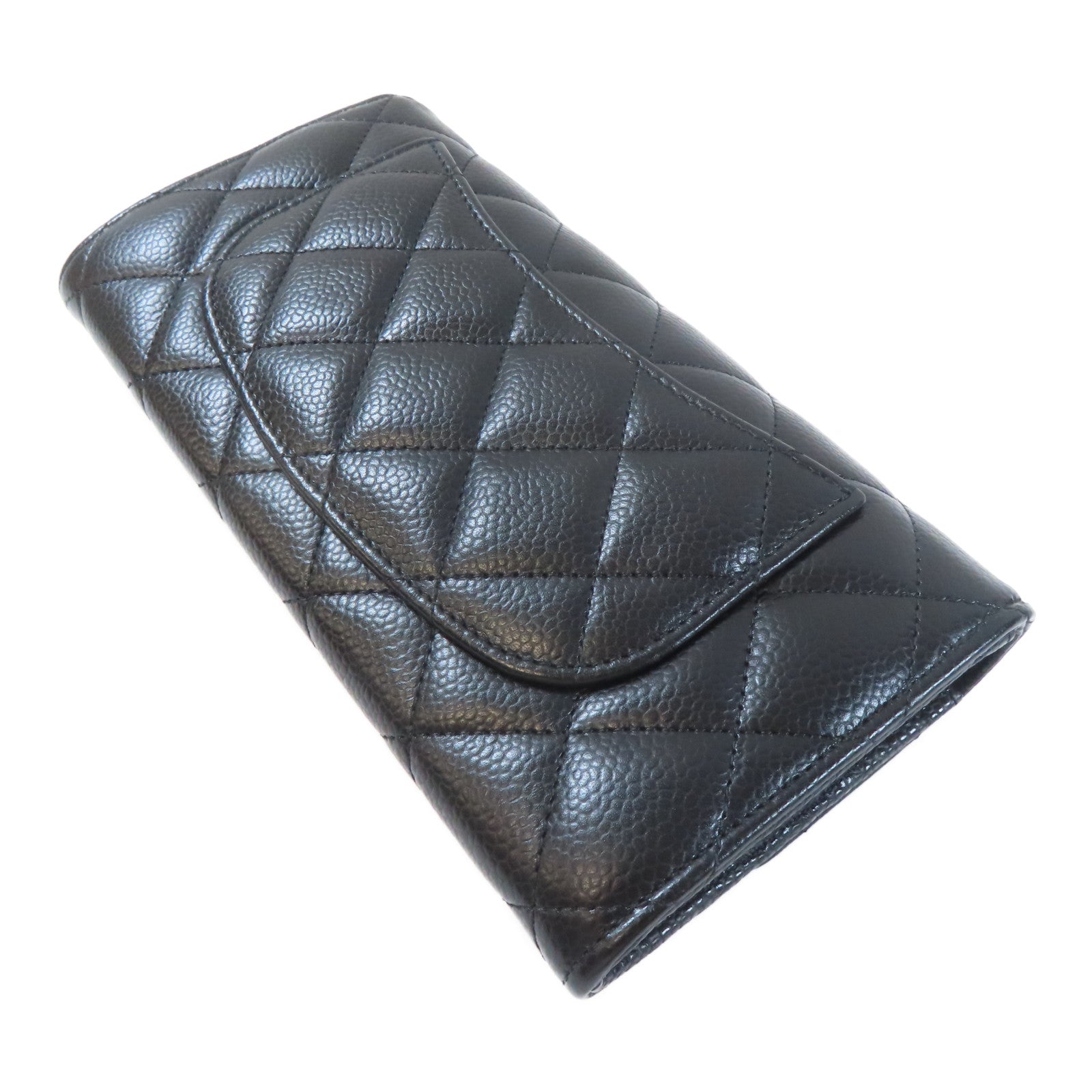 CHANEL 菱格牛皮皮革Long Wallet金扣長錢包黑色