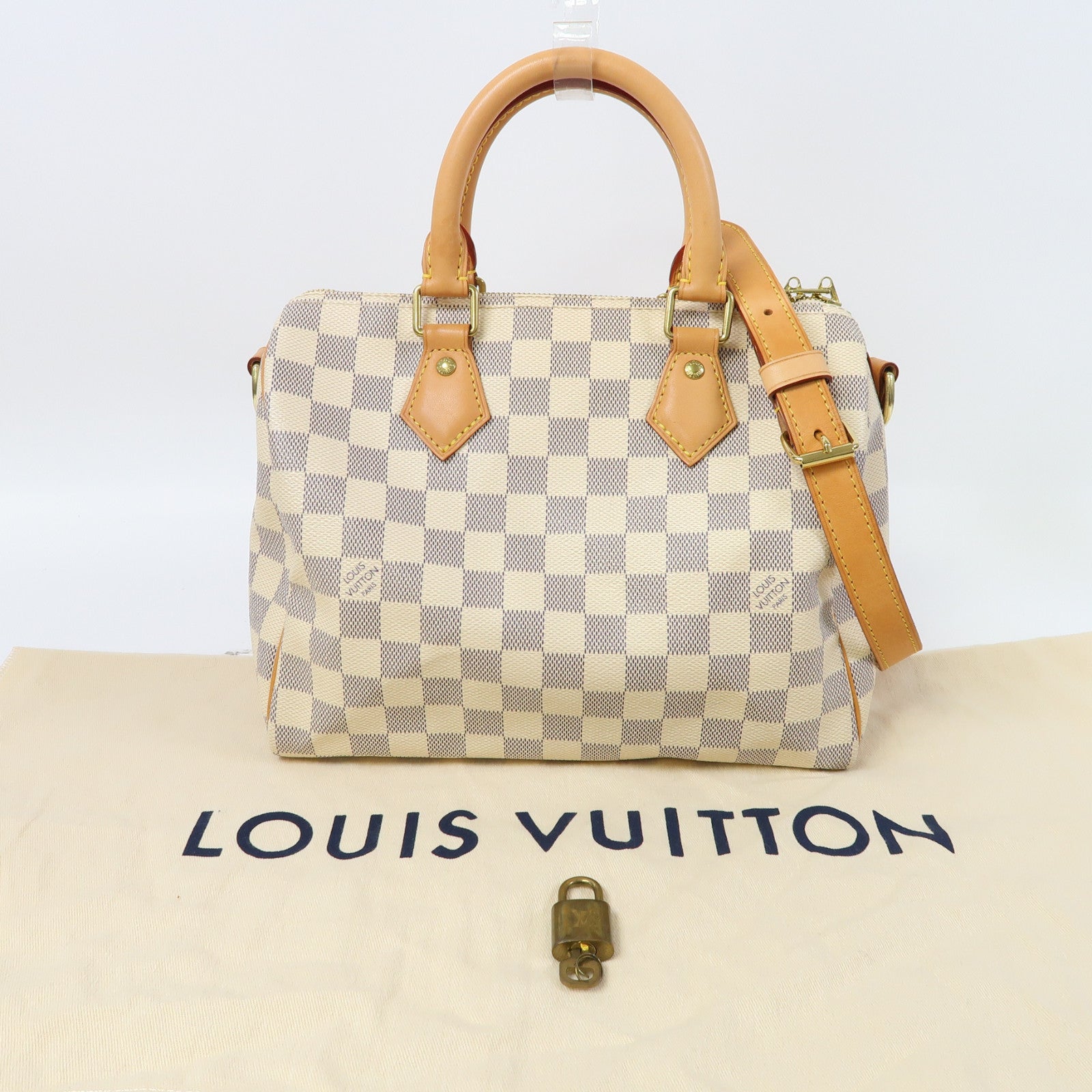 LOUIS VUITTON Damier Azur Speedy Bandoulière 25金扣手挽肩背兩用袋白色