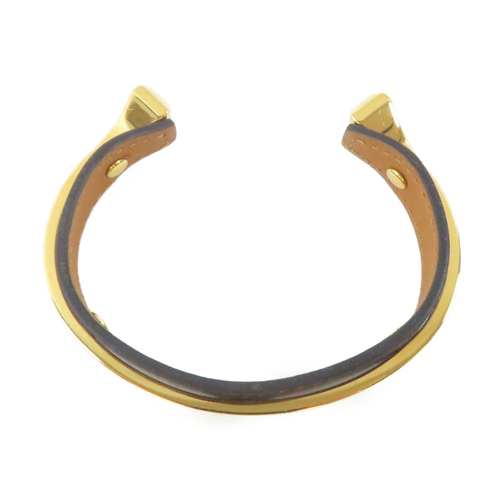 HERMES 皮革/金屬Open Cuff Bracelet手鐲黑色/金色#17cm