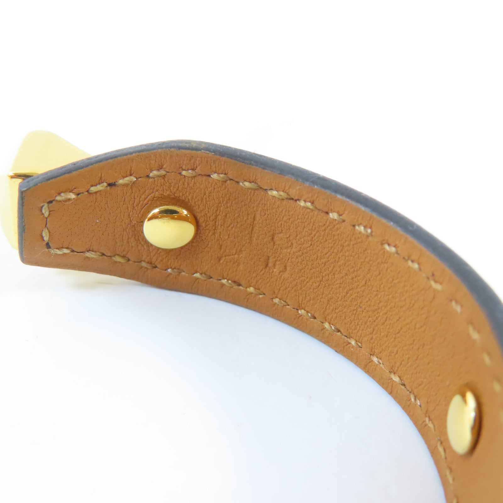 HERMES 皮革/金屬Open Cuff Bracelet手鐲黑色/金色#17cm