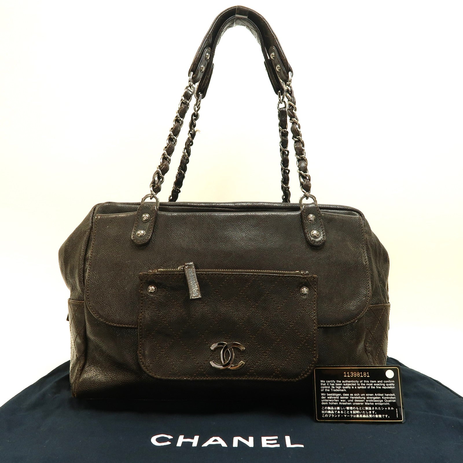 CHANEL 【激減優惠】Caviar皮革Boston Bag銀扣肩背袋啡色