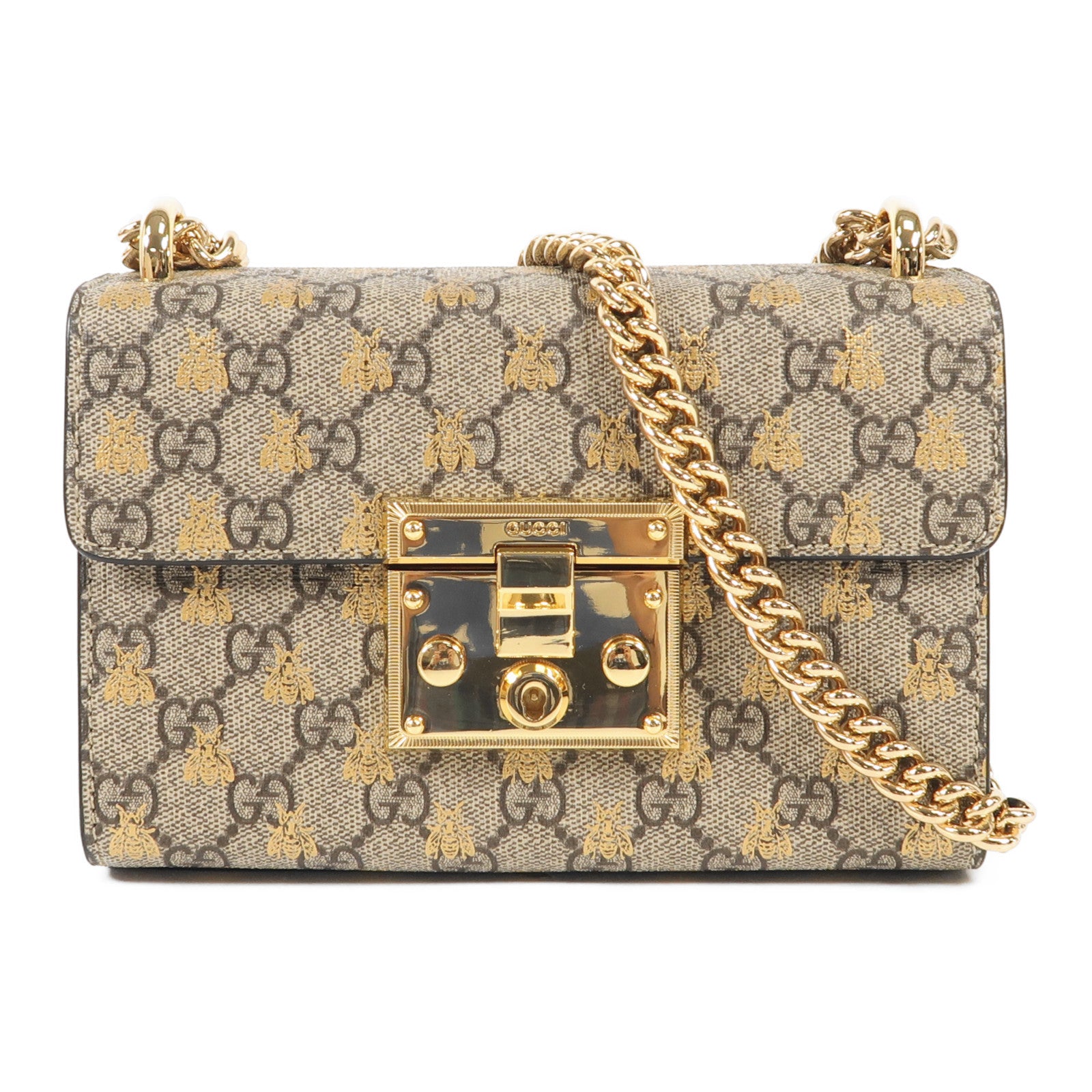 GUCCI 牛皮皮革PVC Padlock GG Chain Shoulder金扣鏈帶肩背袋