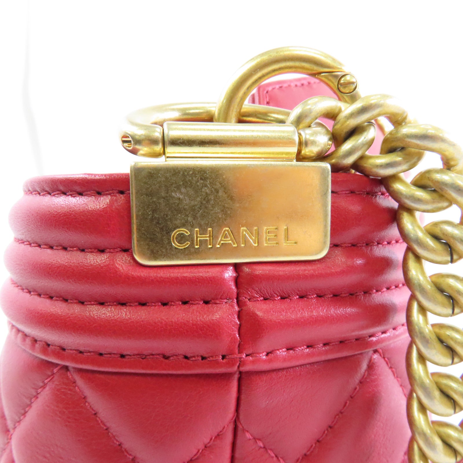 CHANEL 菱格羊皮皮革Bucket Bag金扣手挽肩背兩用袋紅色