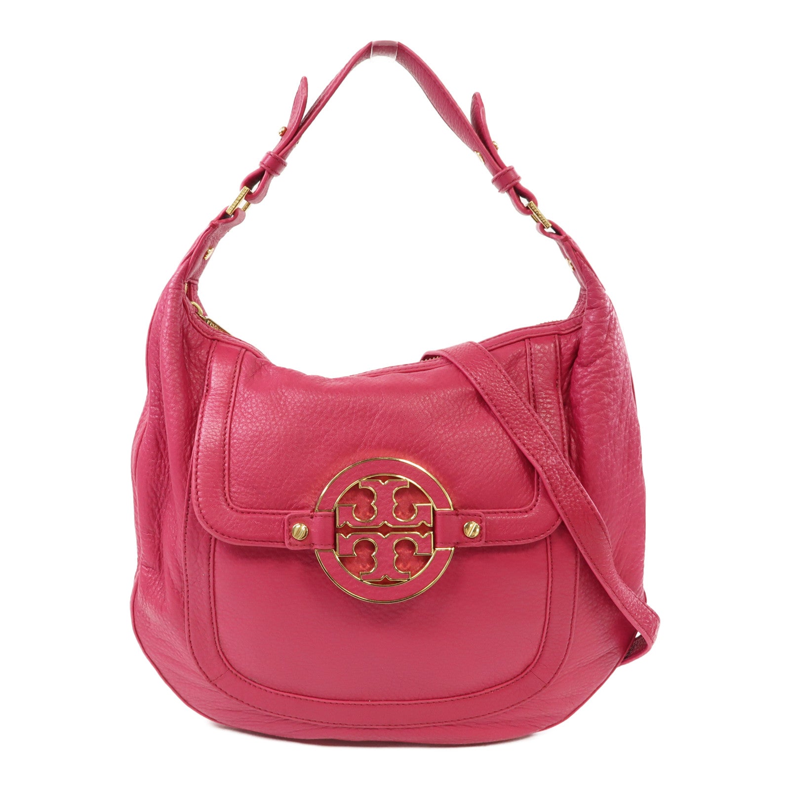 Tory Burch 牛皮皮革Amanda Flat Hobo金扣手挽肩背兩用袋粉紅色