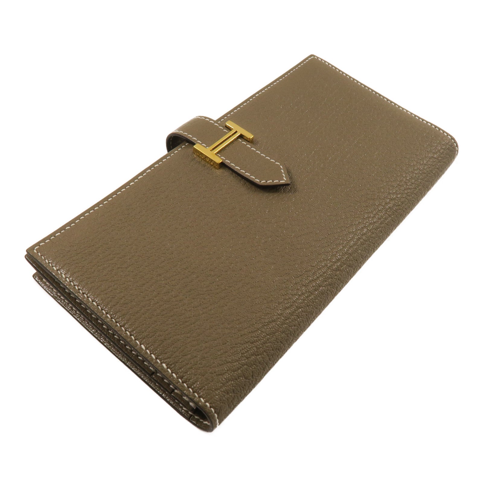 HERMES Chevre皮革Bearn Wallet金扣長錢包Etoupe