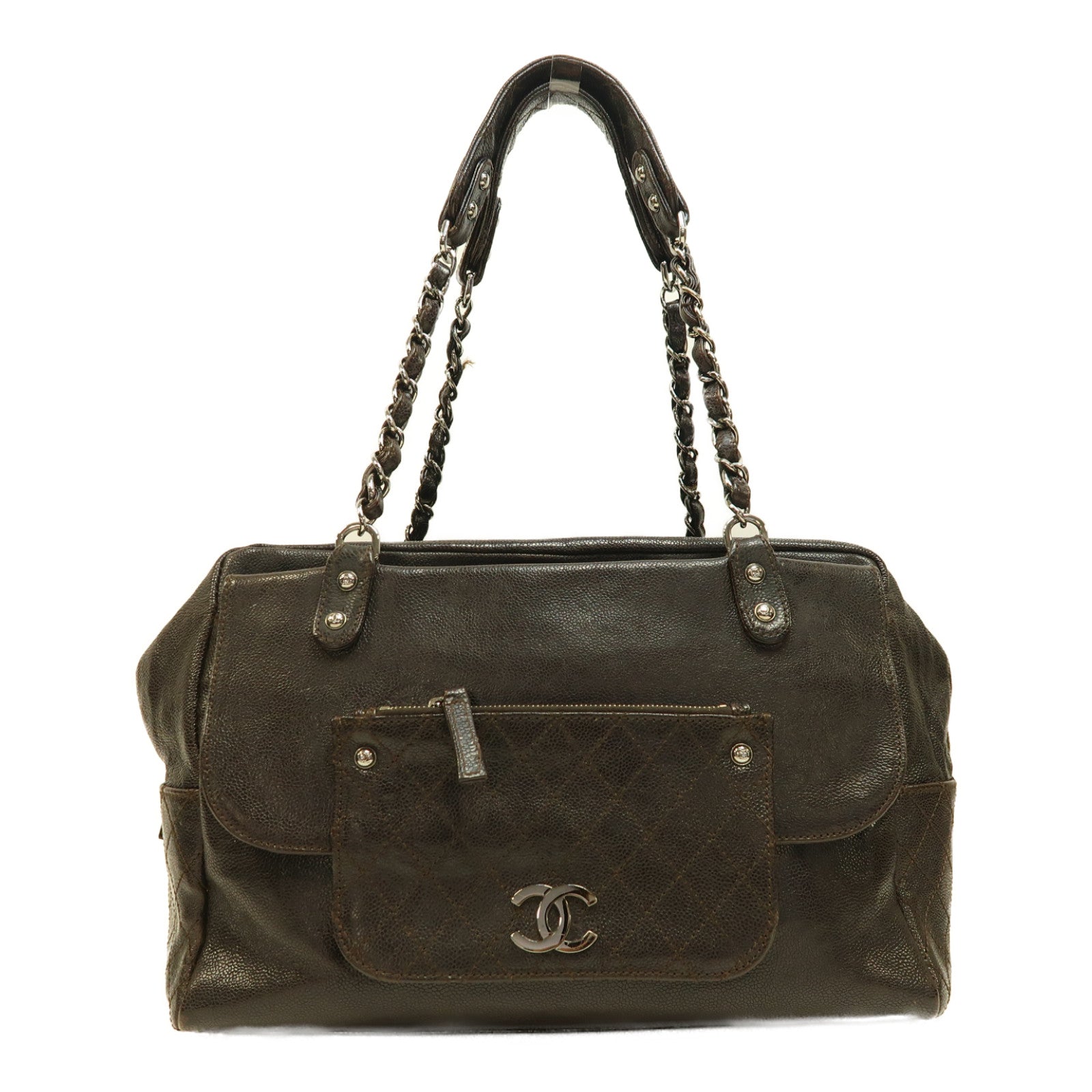 CHANEL 【激減優惠】Caviar皮革Boston Bag銀扣肩背袋啡色