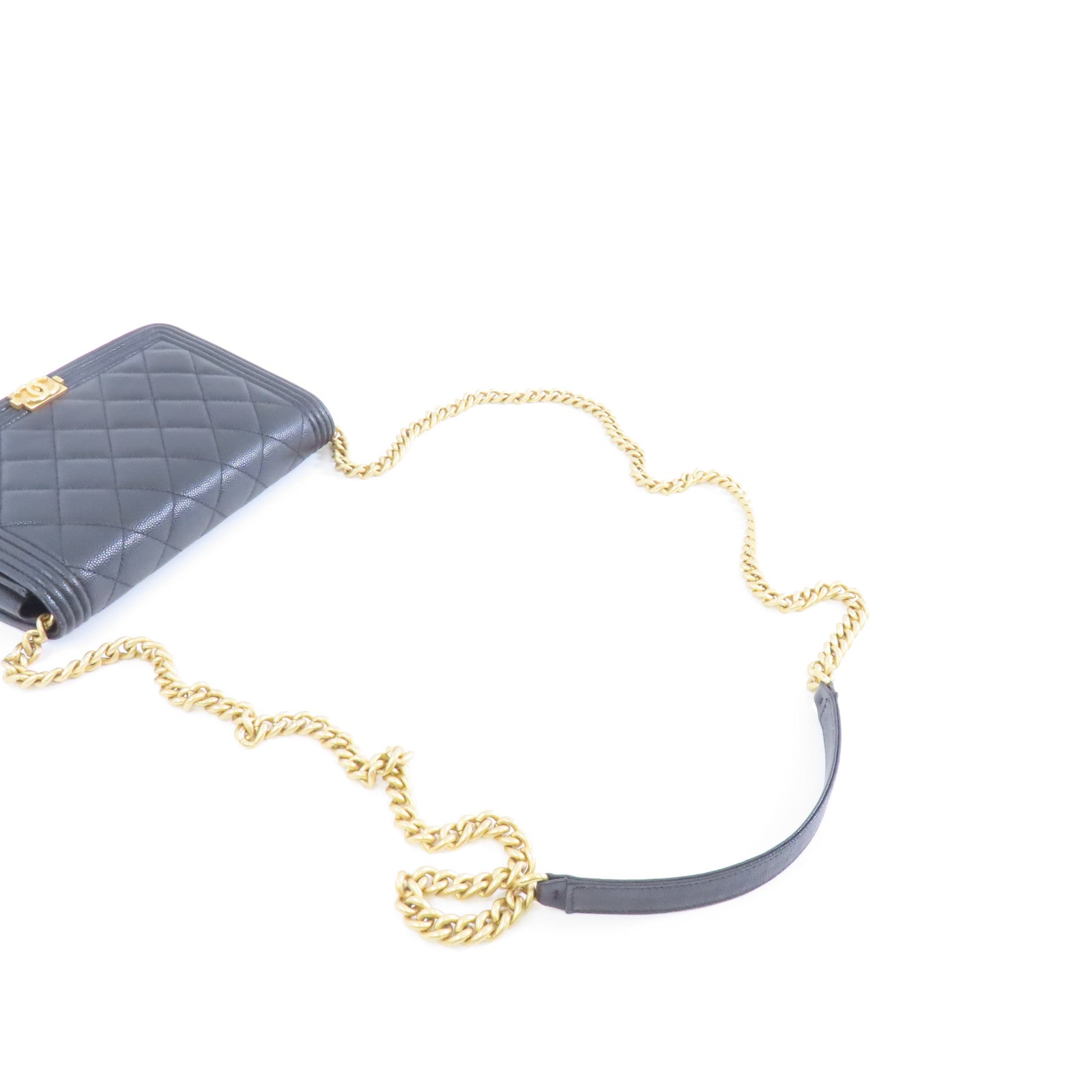 CHANEL 菱格Caviar皮革Boy Wallet On Chain金扣鏈帶肩背袋黑色