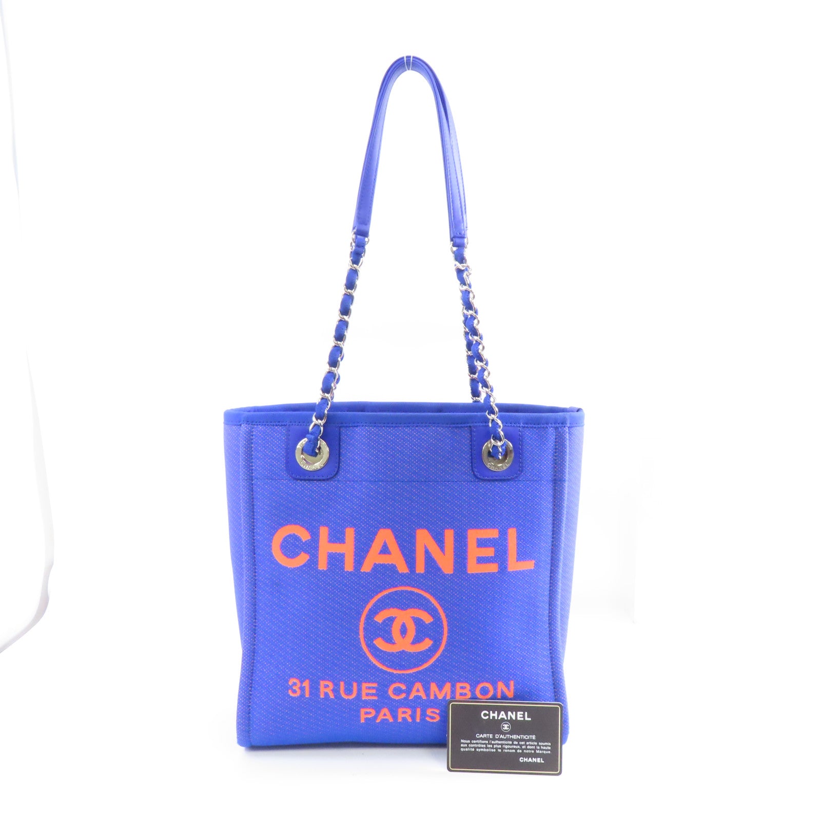 CHANEL 帆布Chain Shoulder Bag銀扣鏈帶肩背袋藍色