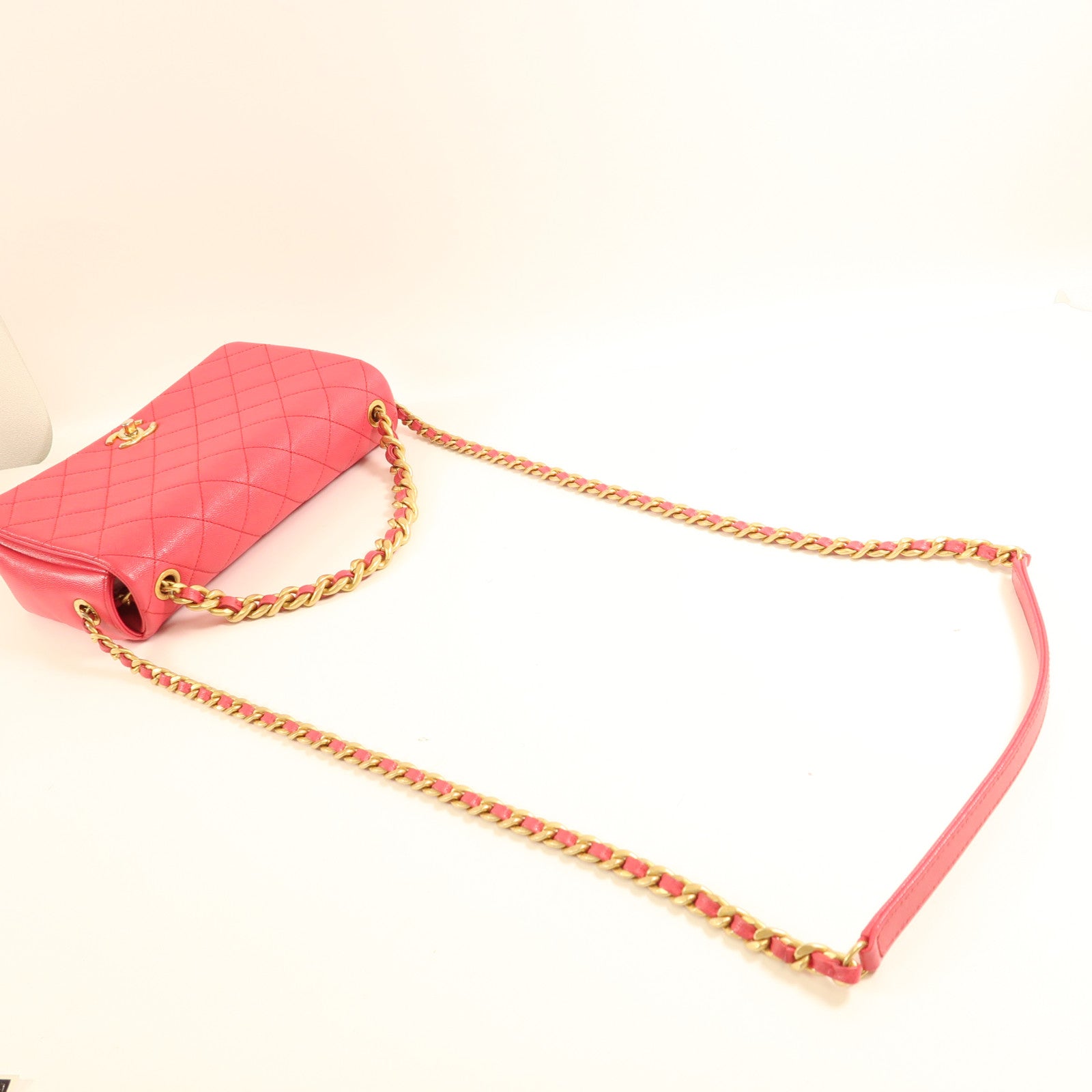 CHANEL 牛皮皮革Shoulder Bag金扣手挽肩背兩用袋粉紅色