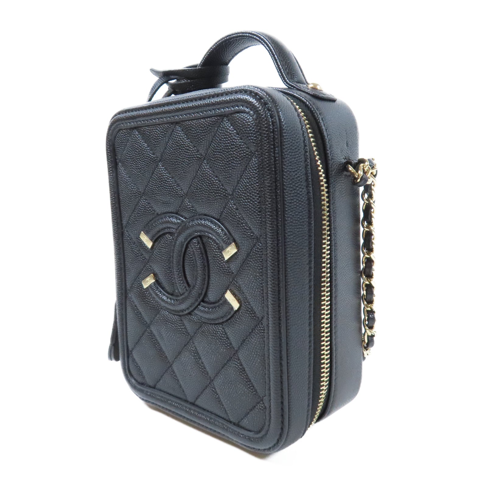 CHANEL 菱格Caviar皮革Vanity Case金扣手挽肩背兩用袋黑色