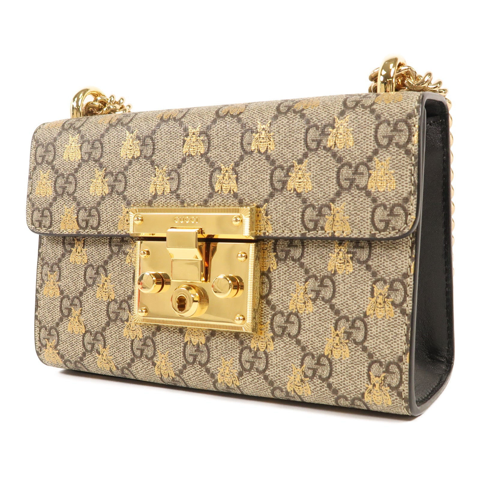 GUCCI 牛皮皮革PVC Padlock GG Chain Shoulder金扣鏈帶肩背袋