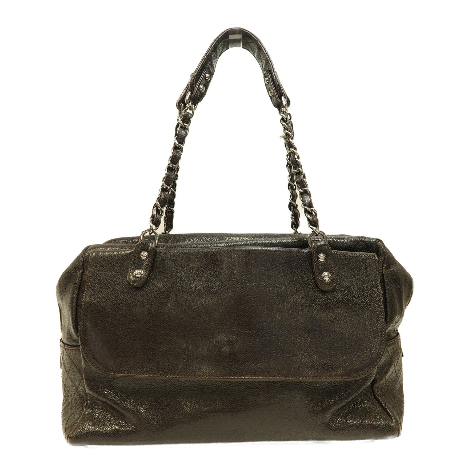 CHANEL 【激減優惠】Caviar皮革Boston Bag銀扣肩背袋啡色