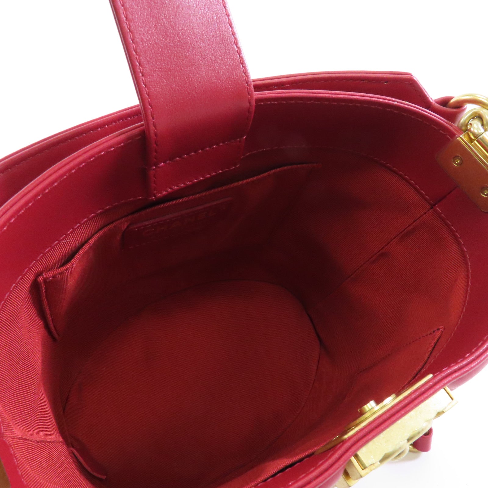 CHANEL 菱格羊皮皮革Bucket Bag金扣手挽肩背兩用袋紅色