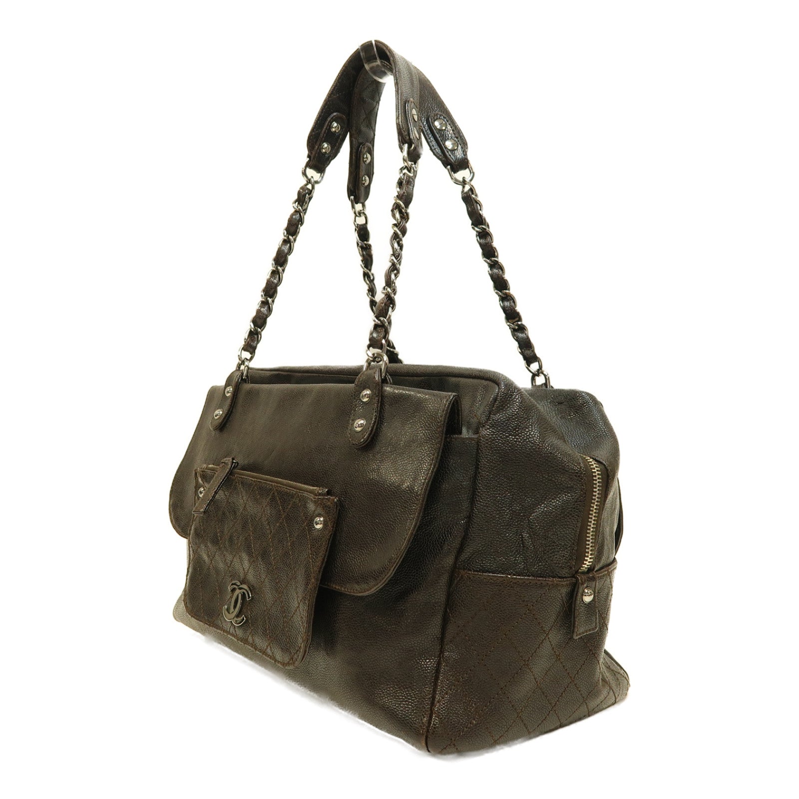 CHANEL 【激減優惠】Caviar皮革Boston Bag銀扣肩背袋啡色