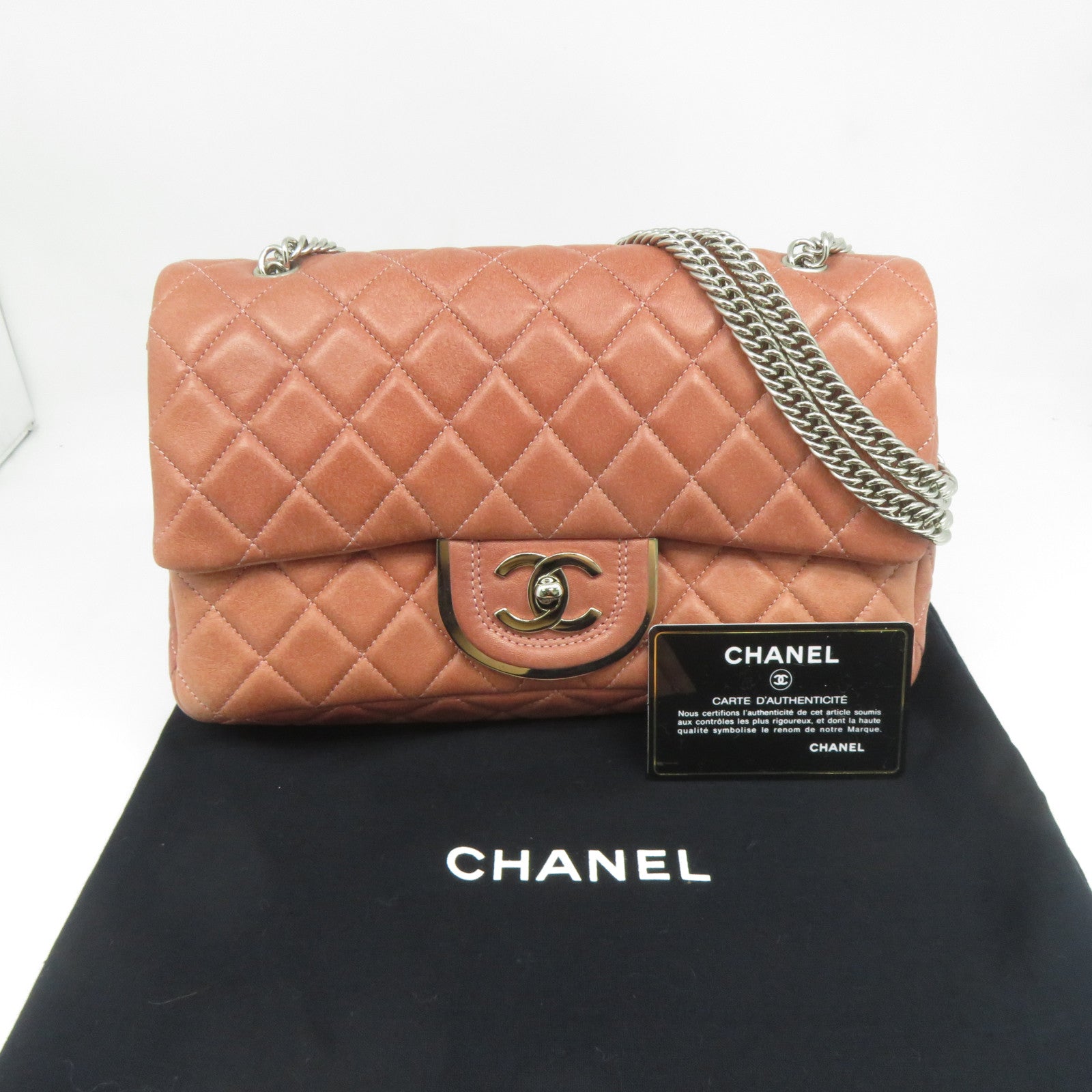 CHANEL **【清倉大減價】菱格皮革Chain Shoulder銀扣鏈帶肩背袋粉紅色