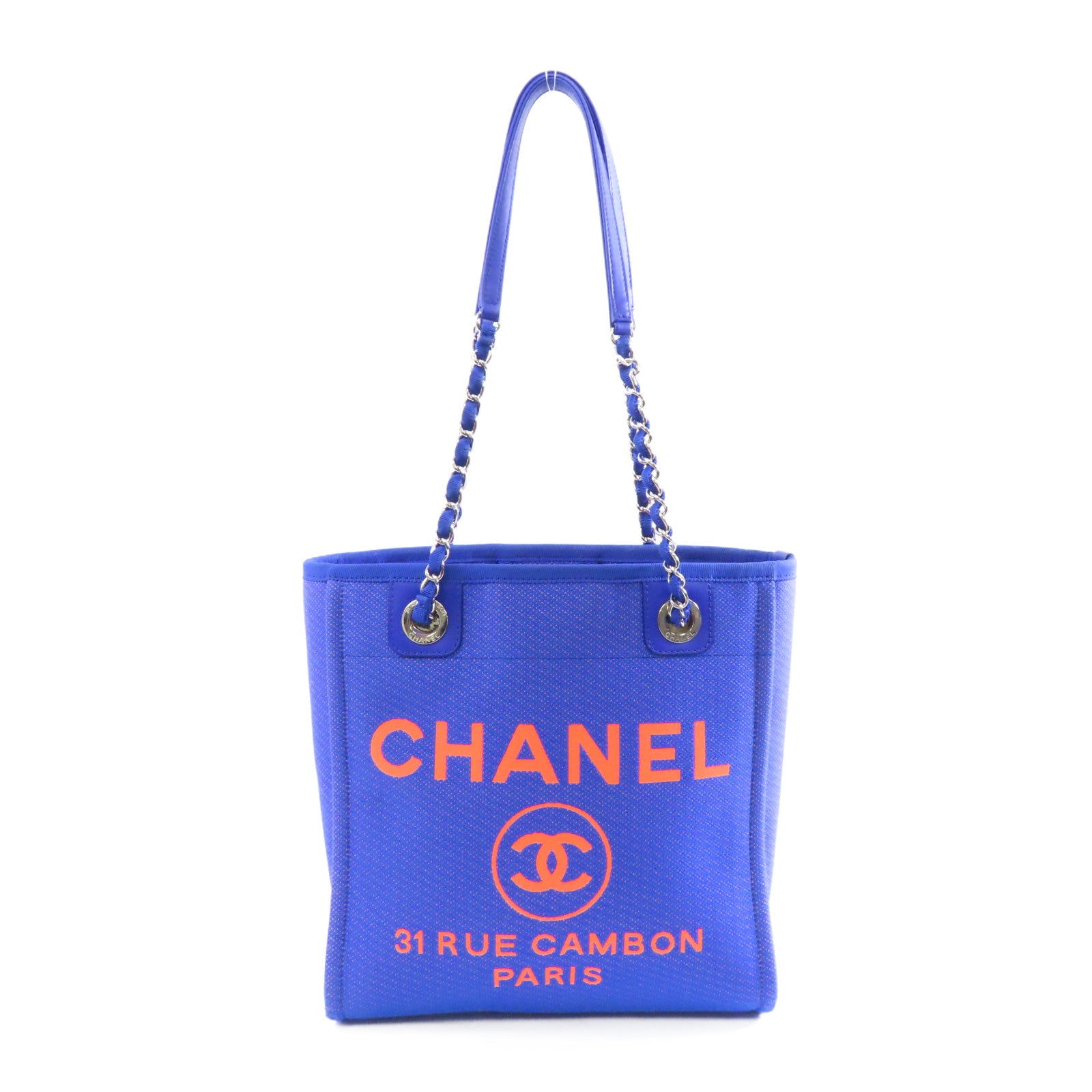 CHANEL 帆布Chain Shoulder Bag銀扣鏈帶肩背袋藍色