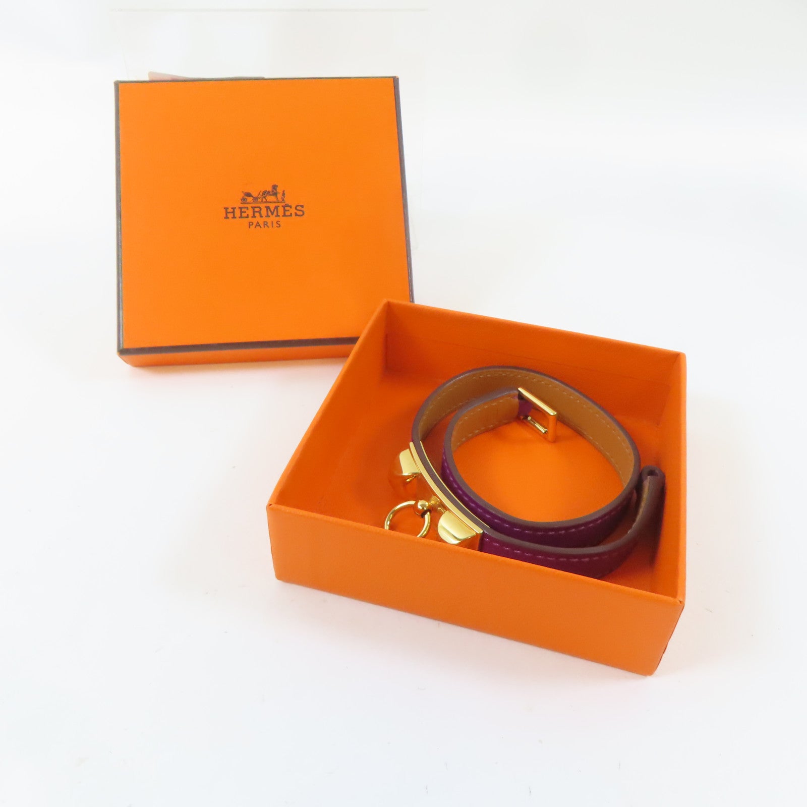 HERMES Swift皮革Rivale Double Tour Bracelet手鐲Anemone/海葵紫色/金色Hermes#XS/#14.5cm