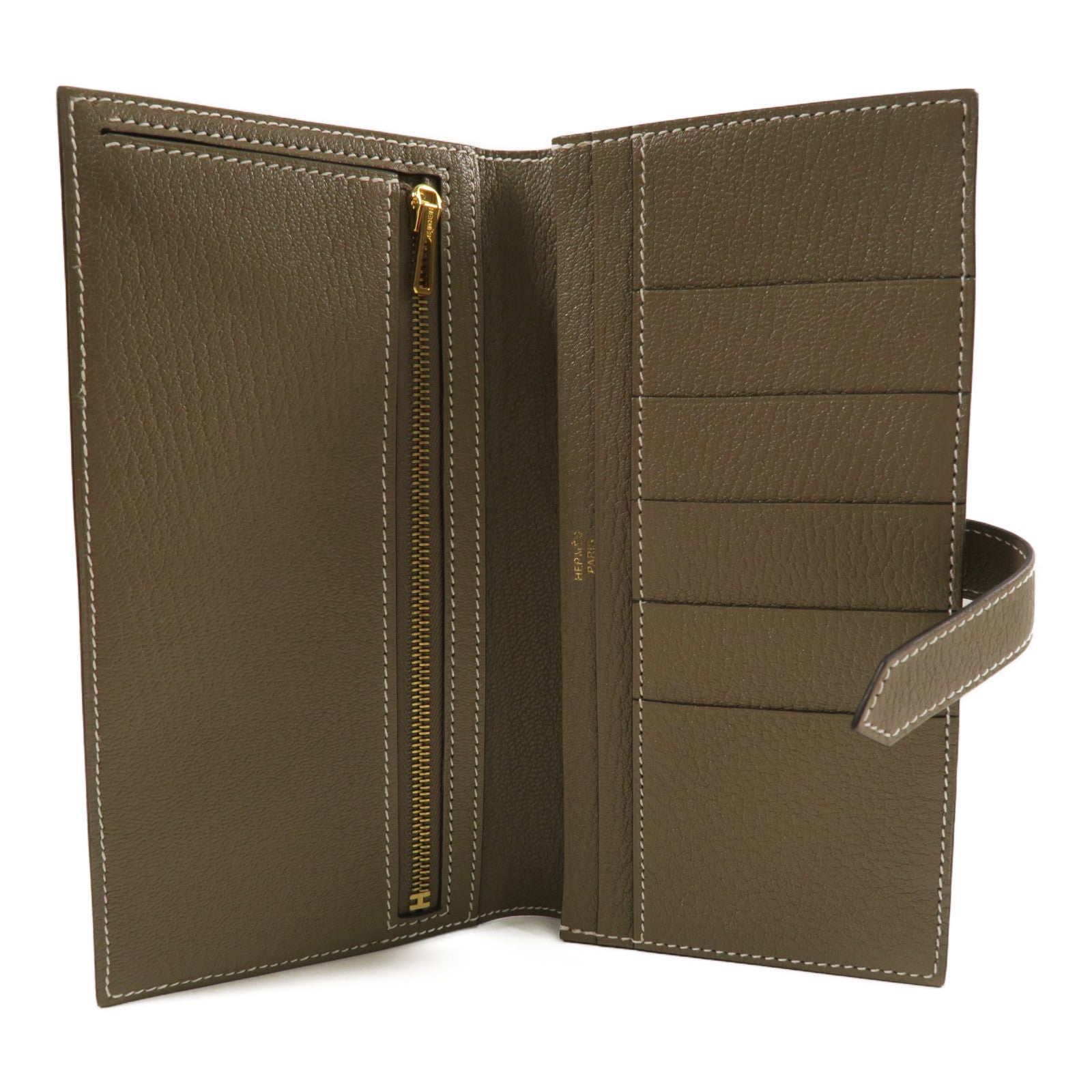 HERMES Chevre皮革Bearn Wallet金扣長錢包Etoupe