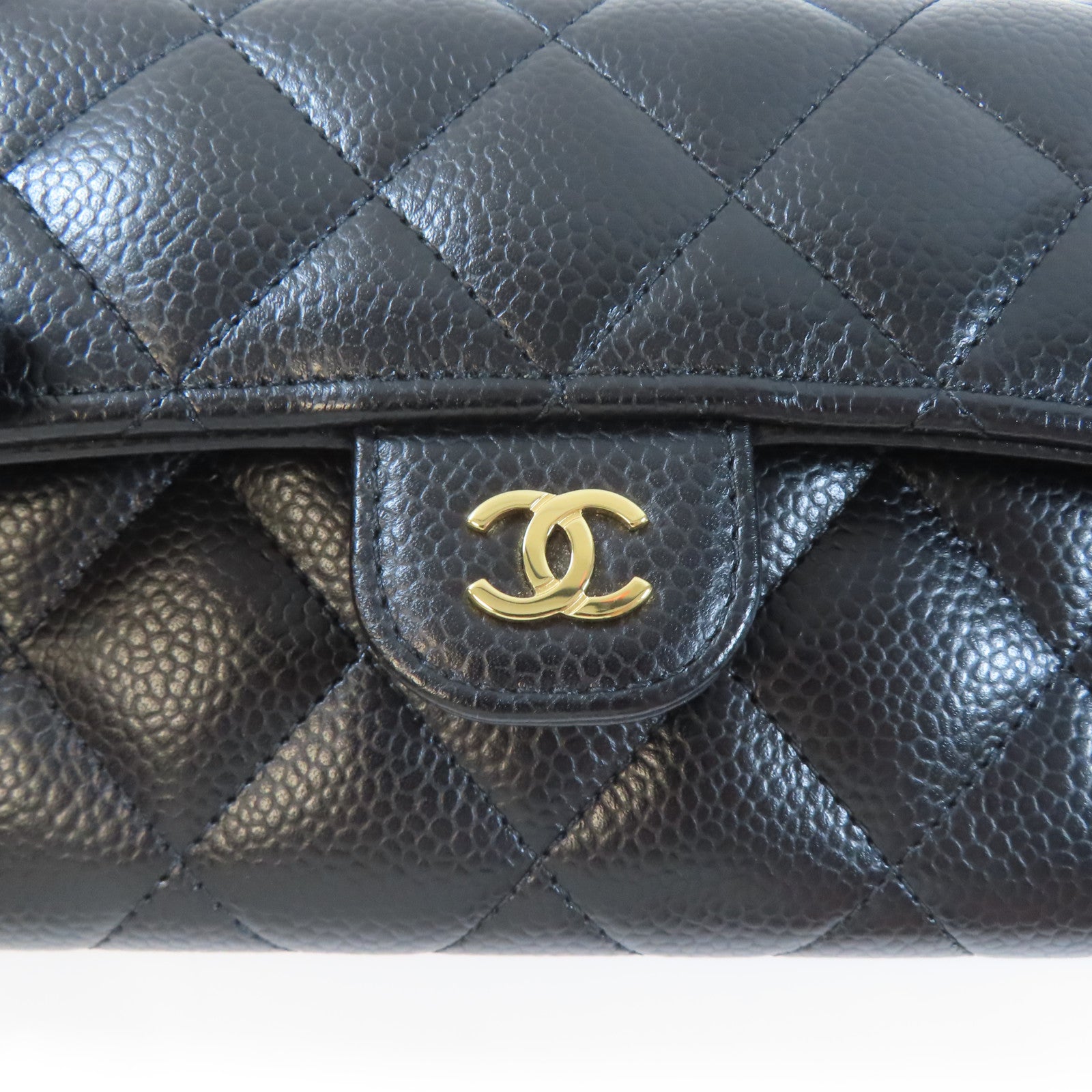 CHANEL 菱格牛皮皮革Long Wallet金扣長錢包黑色