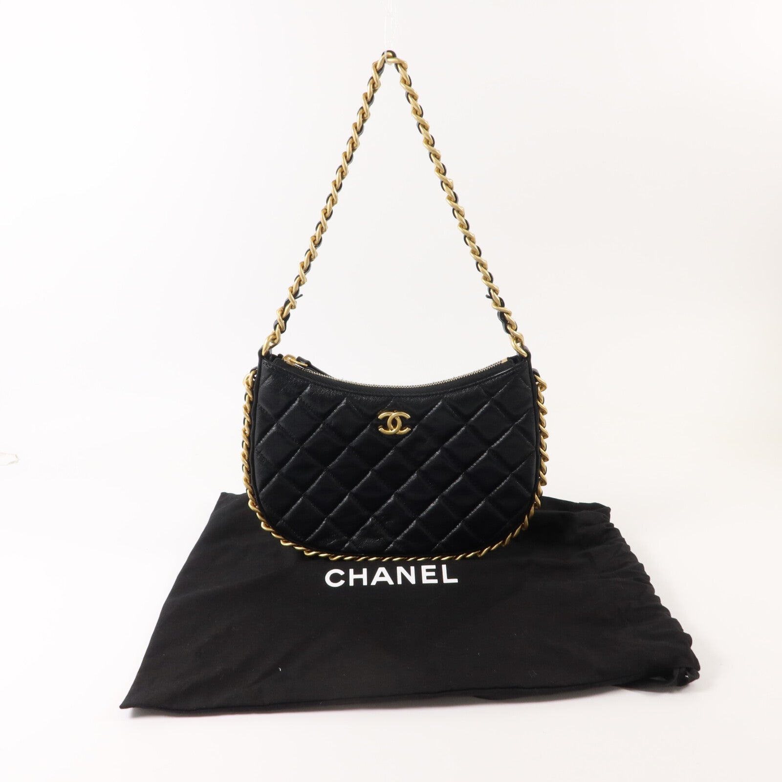 CHANEL 牛皮皮革Hobo Bag鏈帶肩背袋