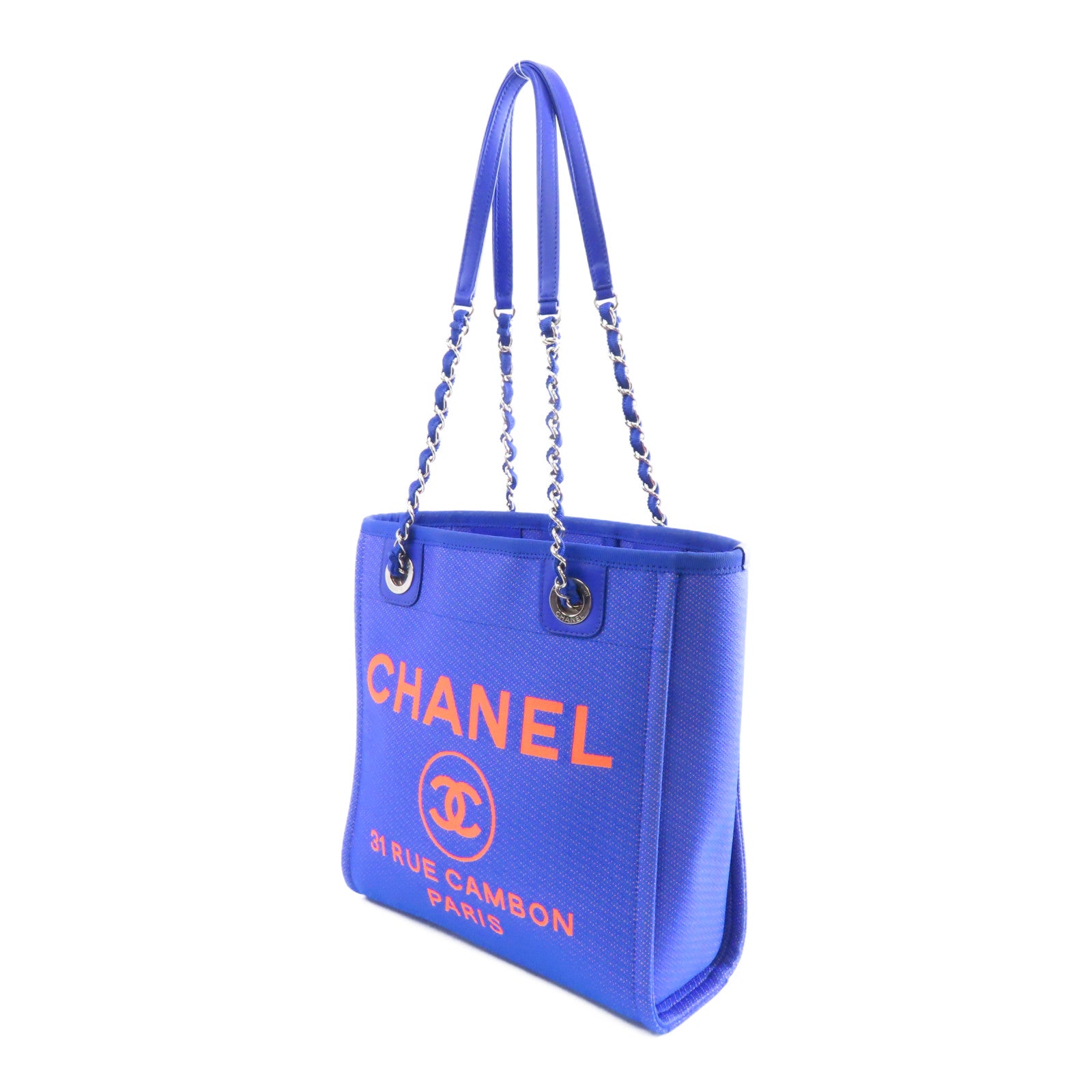 CHANEL 帆布Chain Shoulder Bag銀扣鏈帶肩背袋藍色