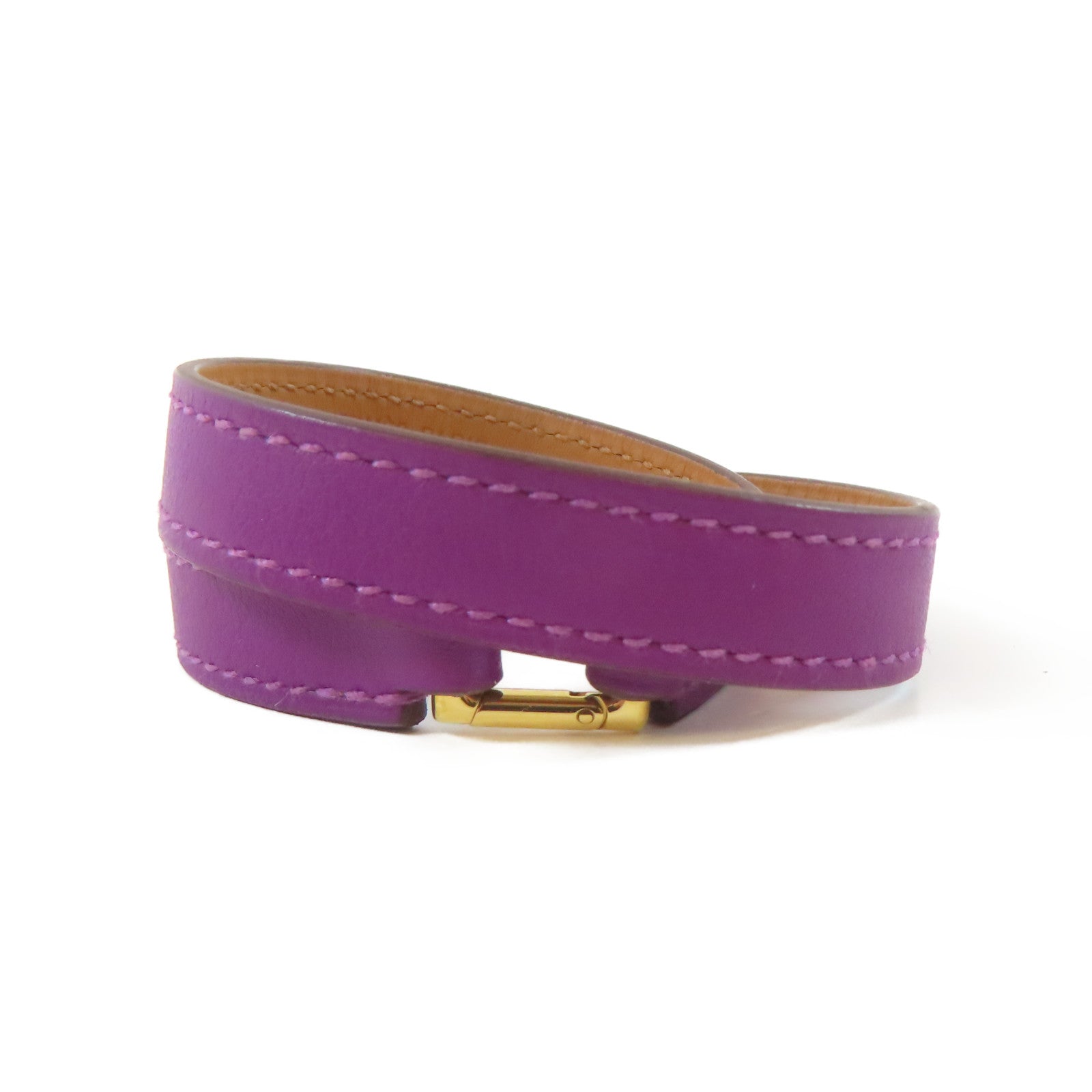 HERMES Swift皮革Rivale Double Tour Bracelet手鐲Anemone/海葵紫色/金色Hermes#XS/#14.5cm