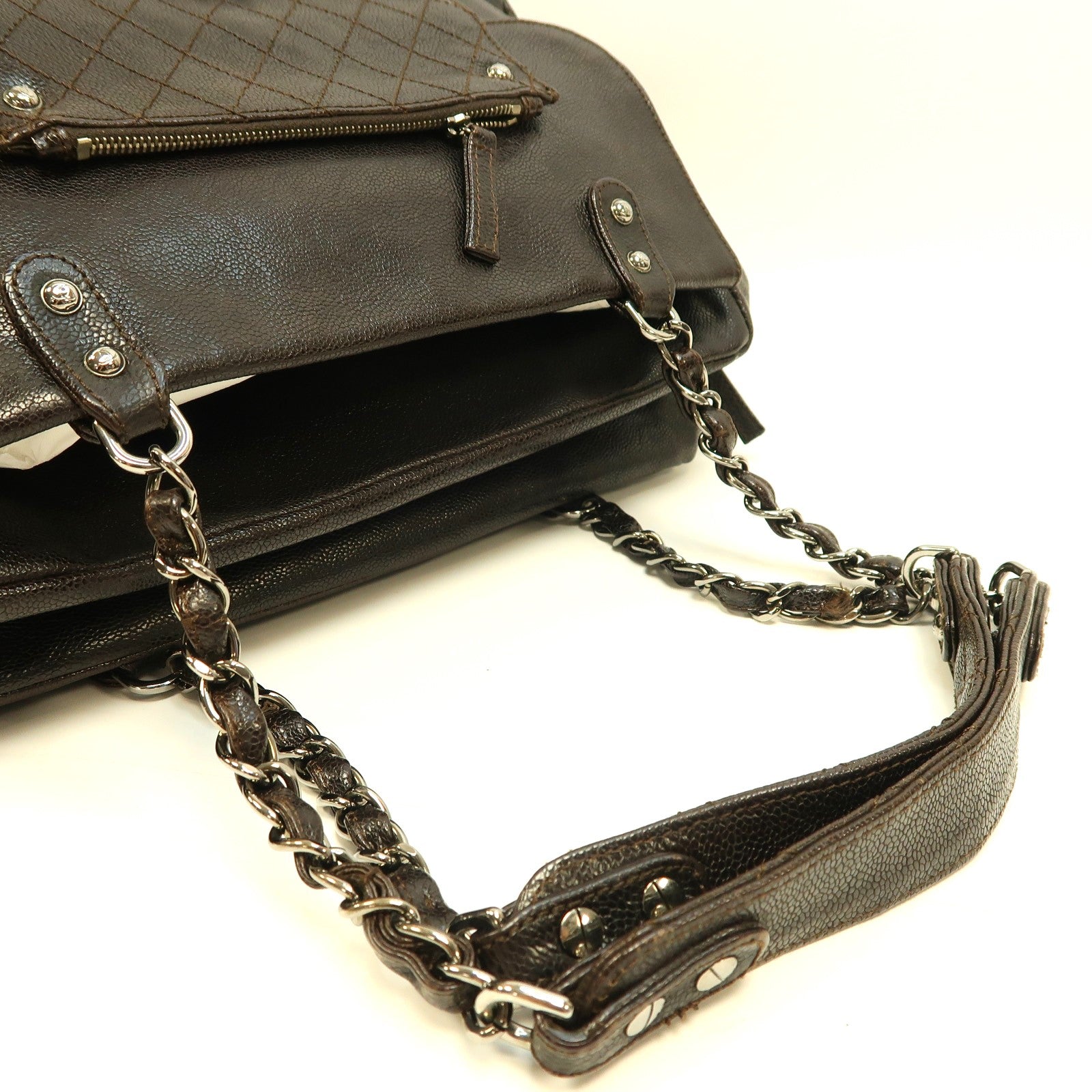 CHANEL 【激減優惠】Caviar皮革Boston Bag銀扣肩背袋啡色