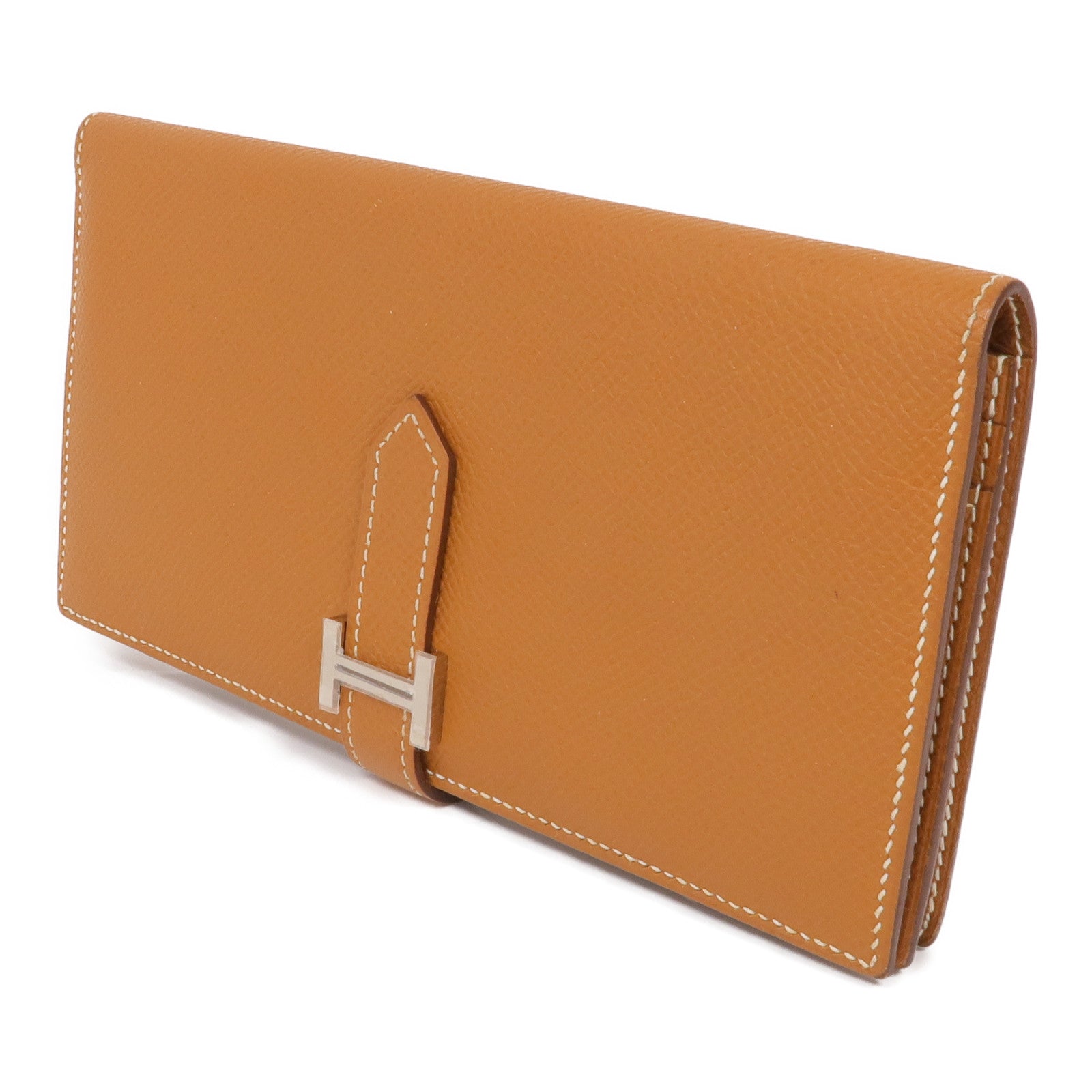 HERMES Epsom皮革Bearn W Snap銀扣長錢包Gold