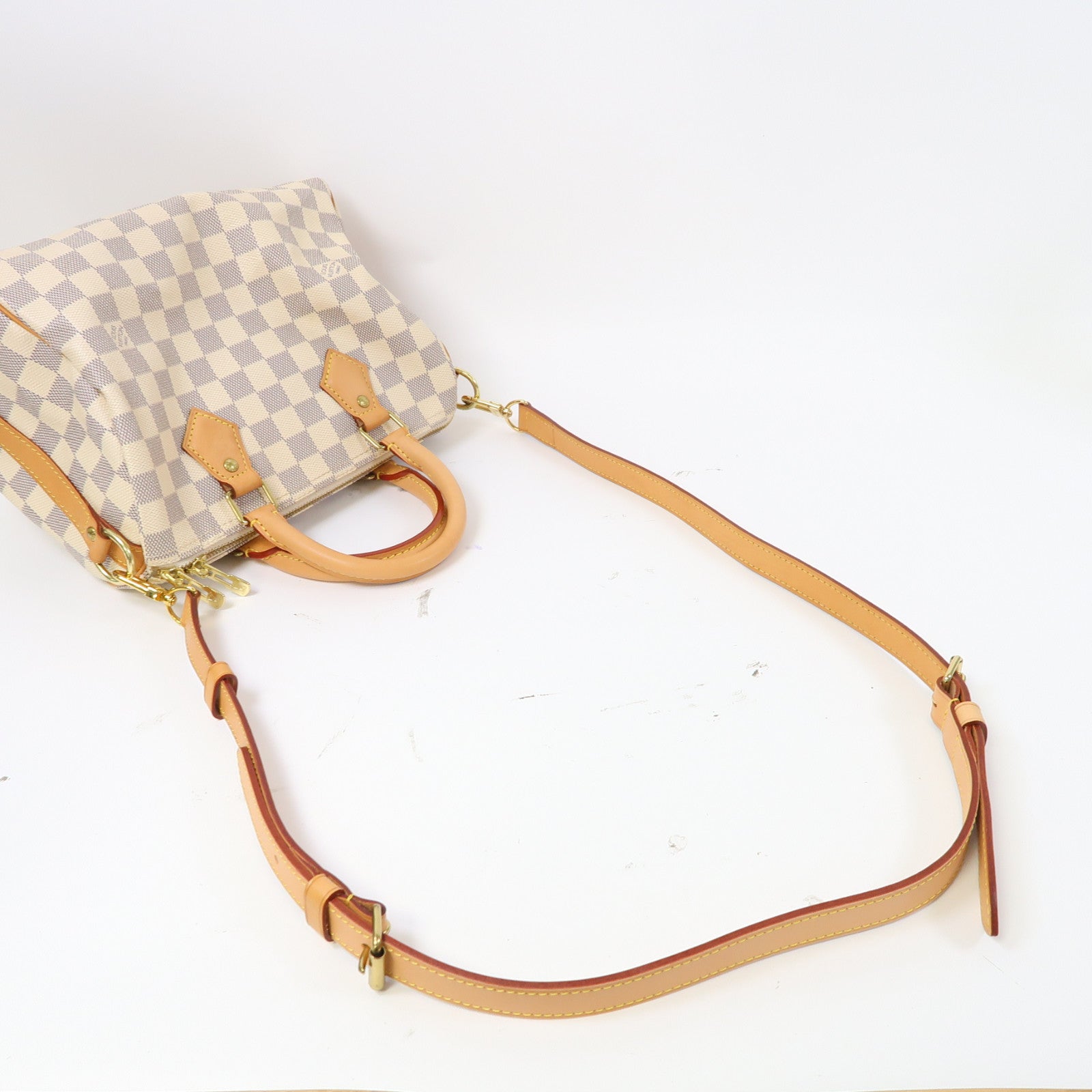 LOUIS VUITTON Damier Azur Speedy Bandoulière 25金扣手挽肩背兩用袋白色
