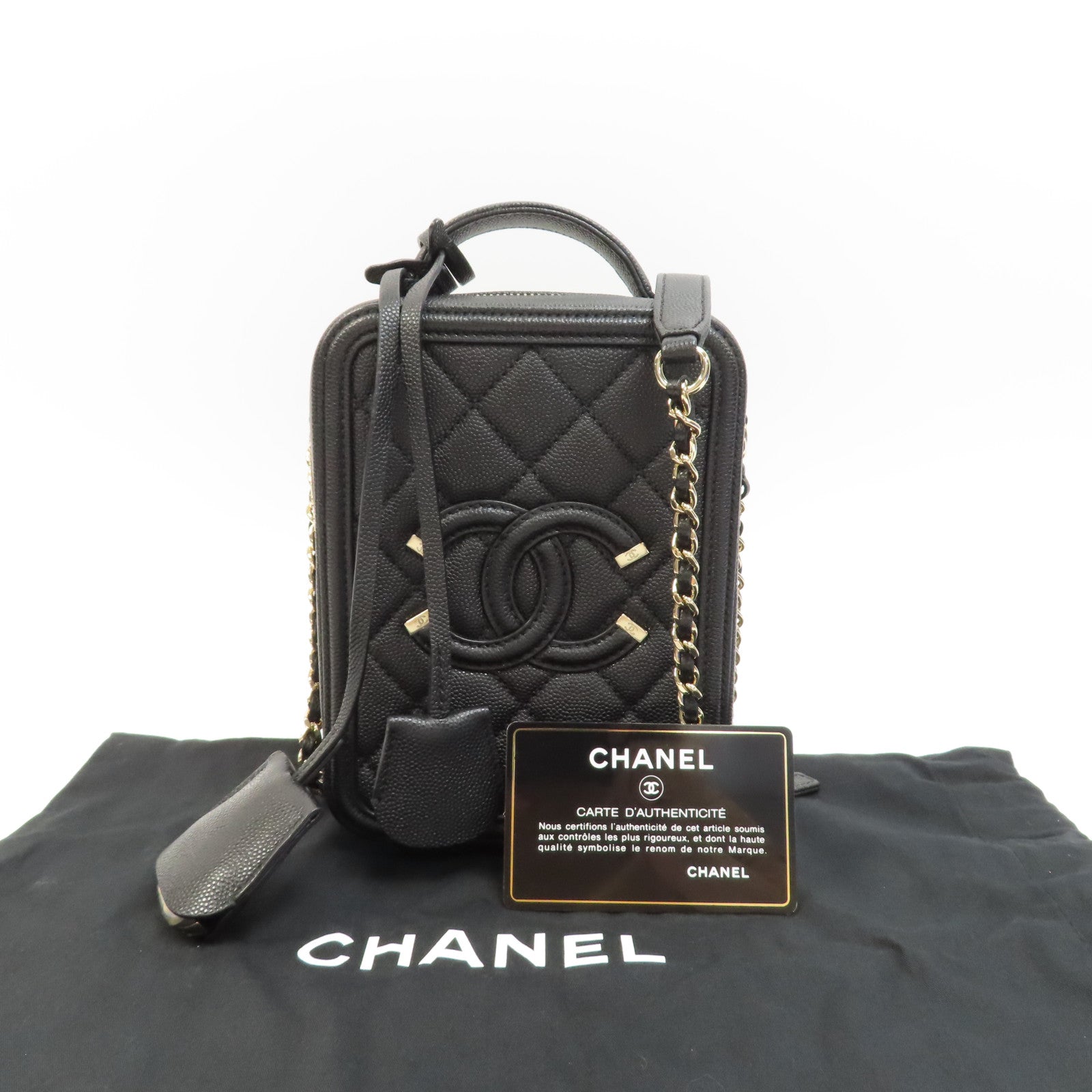 CHANEL 菱格Caviar皮革Vanity Case金扣手挽肩背兩用袋黑色