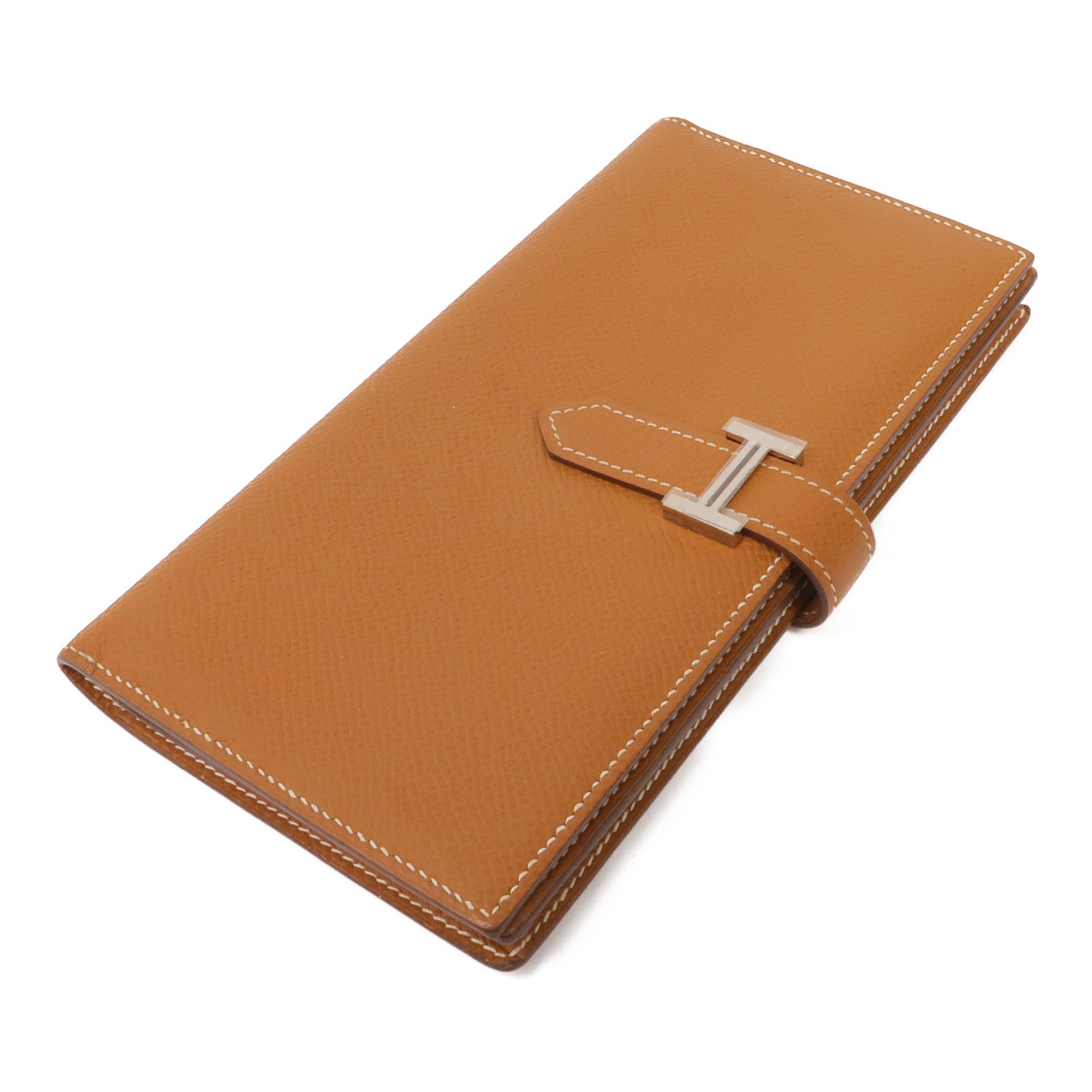 HERMES Epsom皮革Bearn W Snap銀扣長錢包Gold