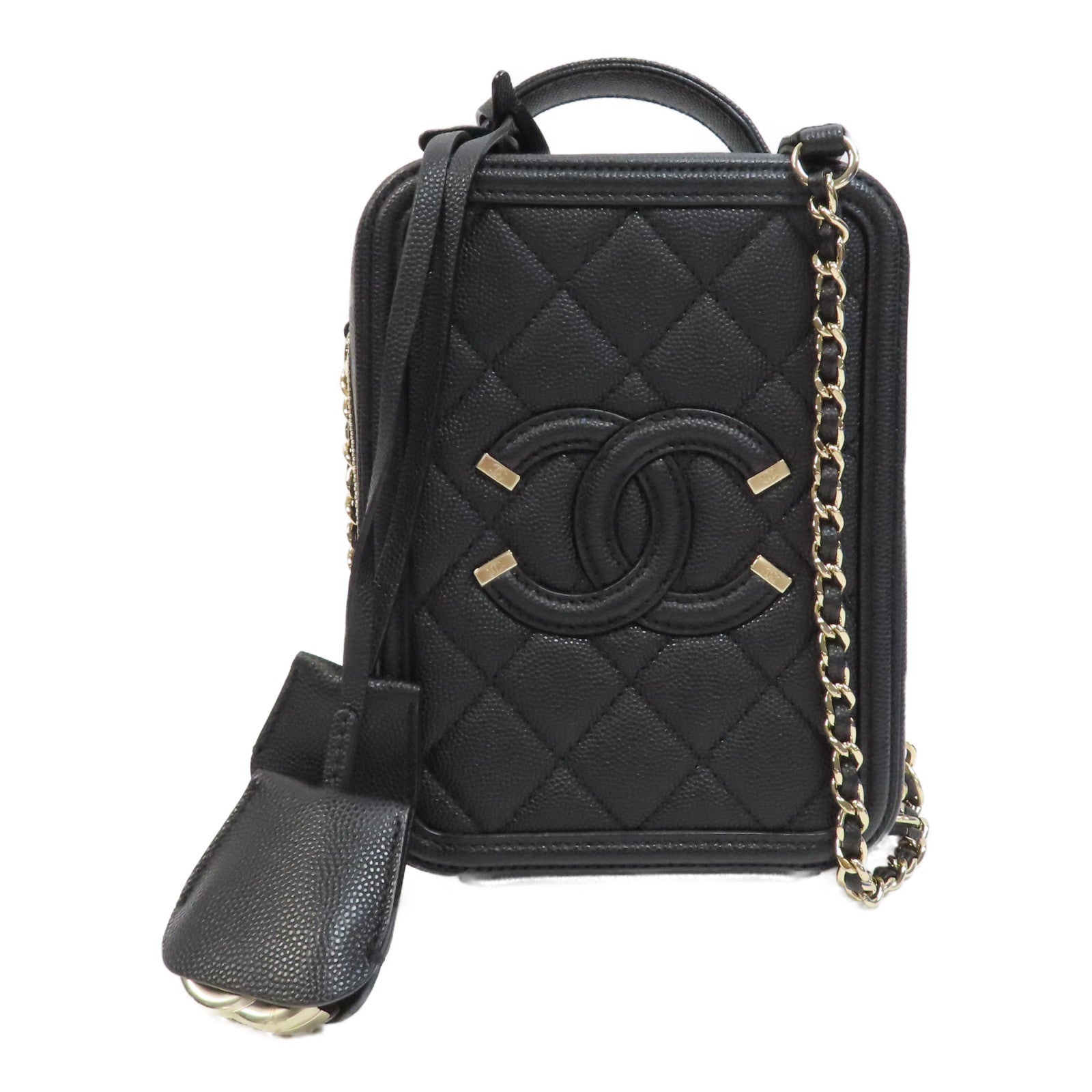 CHANEL 菱格Caviar皮革Vanity Case金扣手挽肩背兩用袋黑色