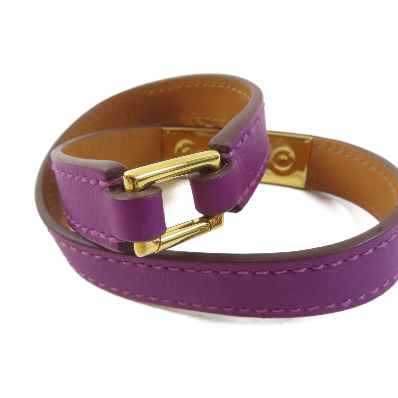 HERMES Swift皮革Rivale Double Tour Bracelet手鐲Anemone/海葵紫色/金色Hermes#XS/#14.5cm