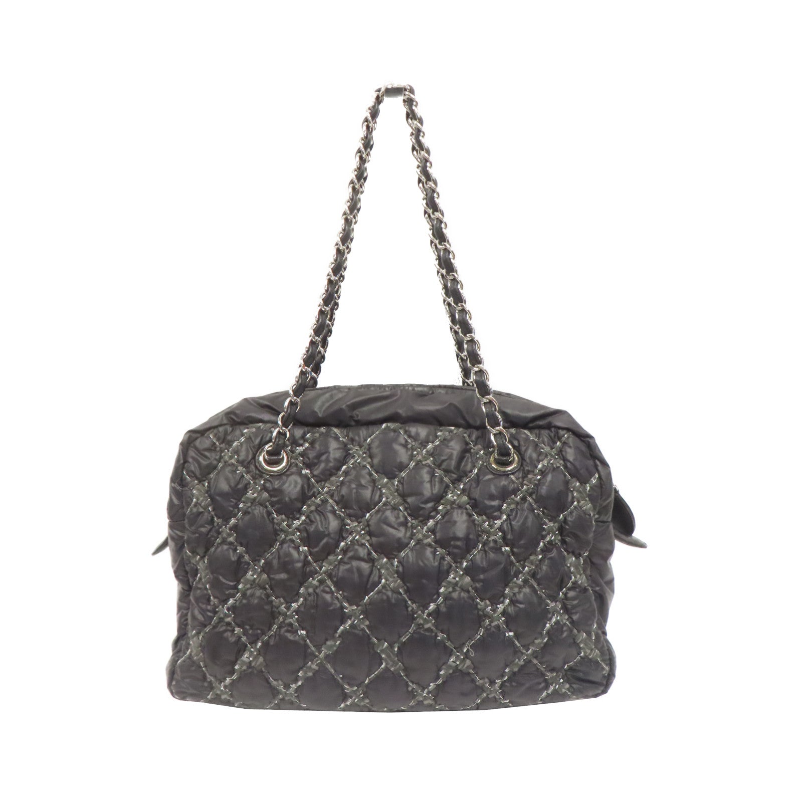CHANEL 【激減優惠】菱格尼龍Chain Shoulder銀扣鏈帶肩背袋灰色