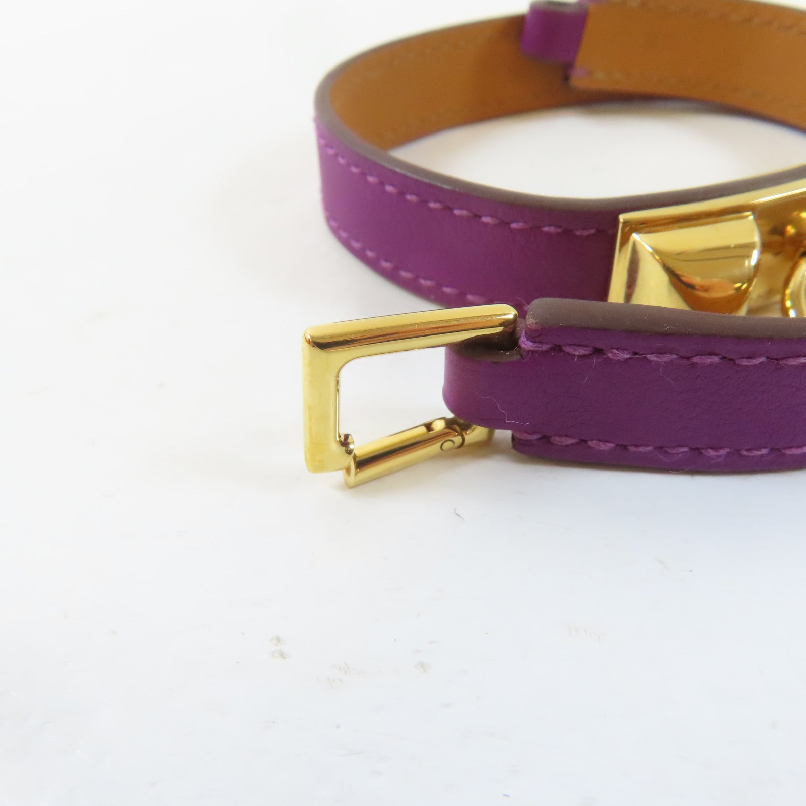 HERMES Swift皮革Rivale Double Tour Bracelet手鐲Anemone/海葵紫色/金色Hermes#XS/#14.5cm