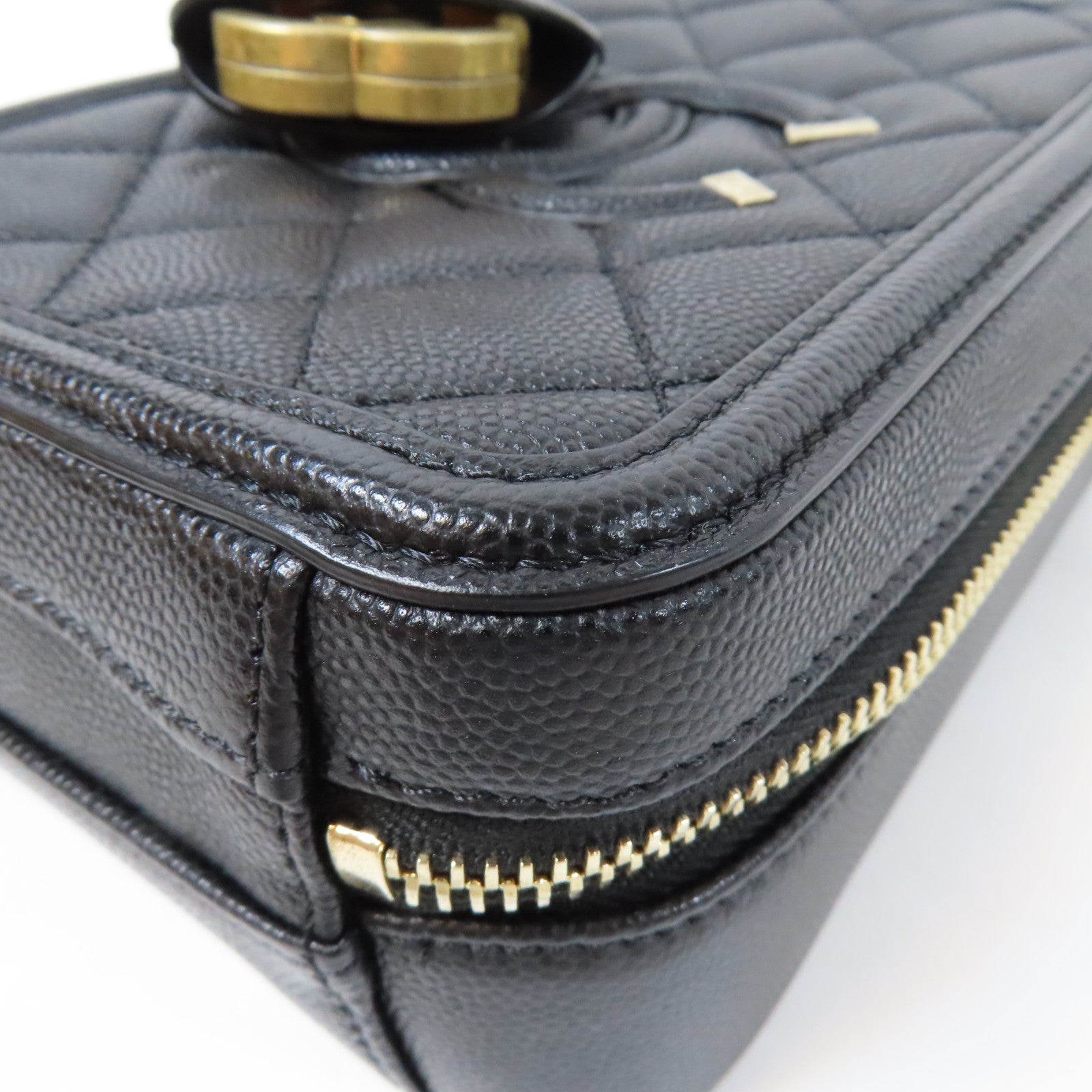 CHANEL 菱格Caviar皮革Vanity Case金扣手挽肩背兩用袋黑色