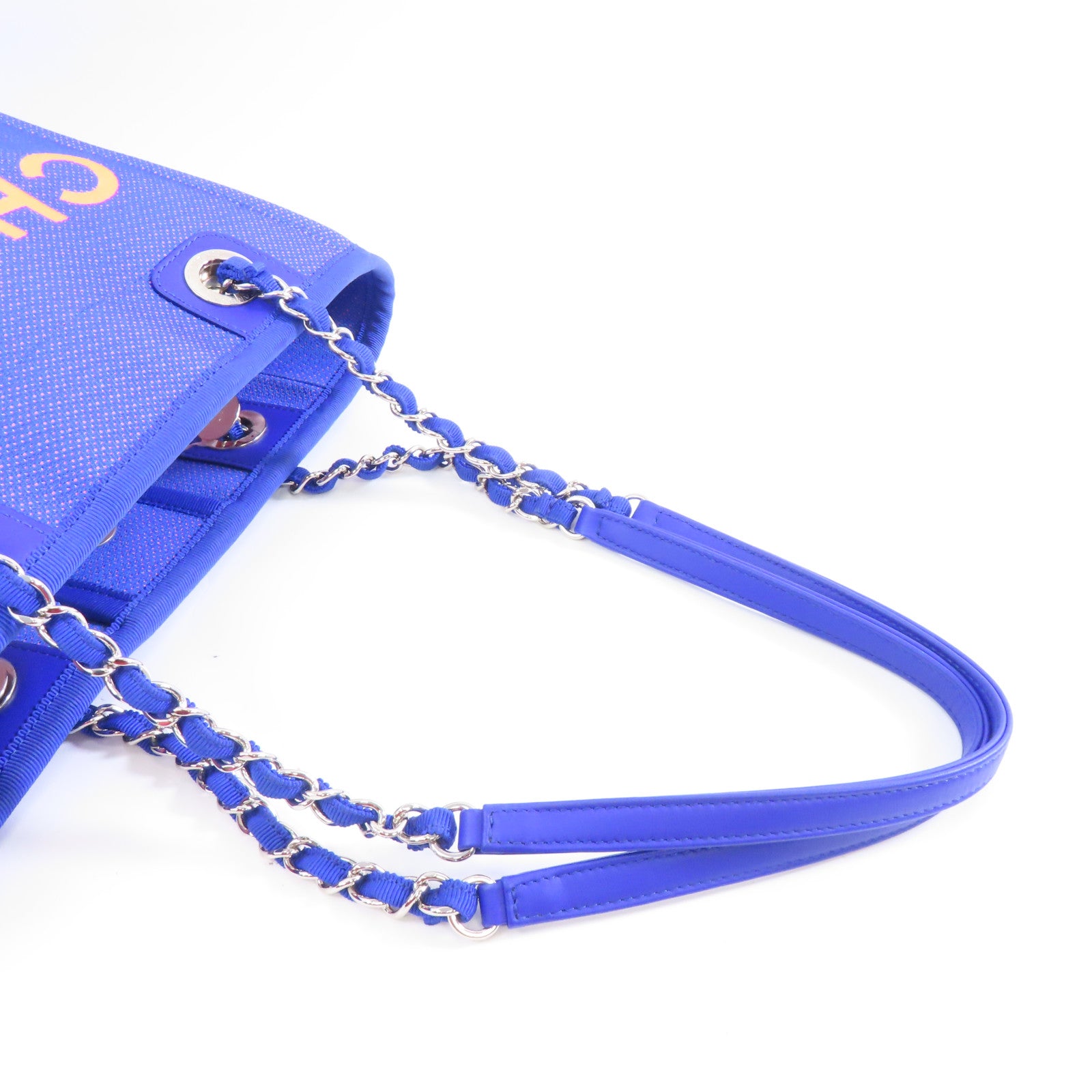 CHANEL 帆布Chain Shoulder Bag銀扣鏈帶肩背袋藍色