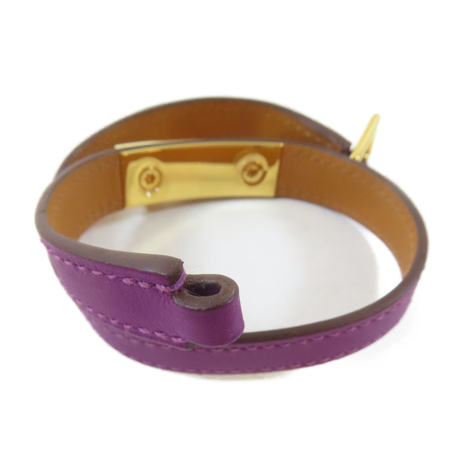 HERMES Swift皮革Rivale Double Tour Bracelet手鐲Anemone/海葵紫色/金色Hermes#XS/#14.5cm