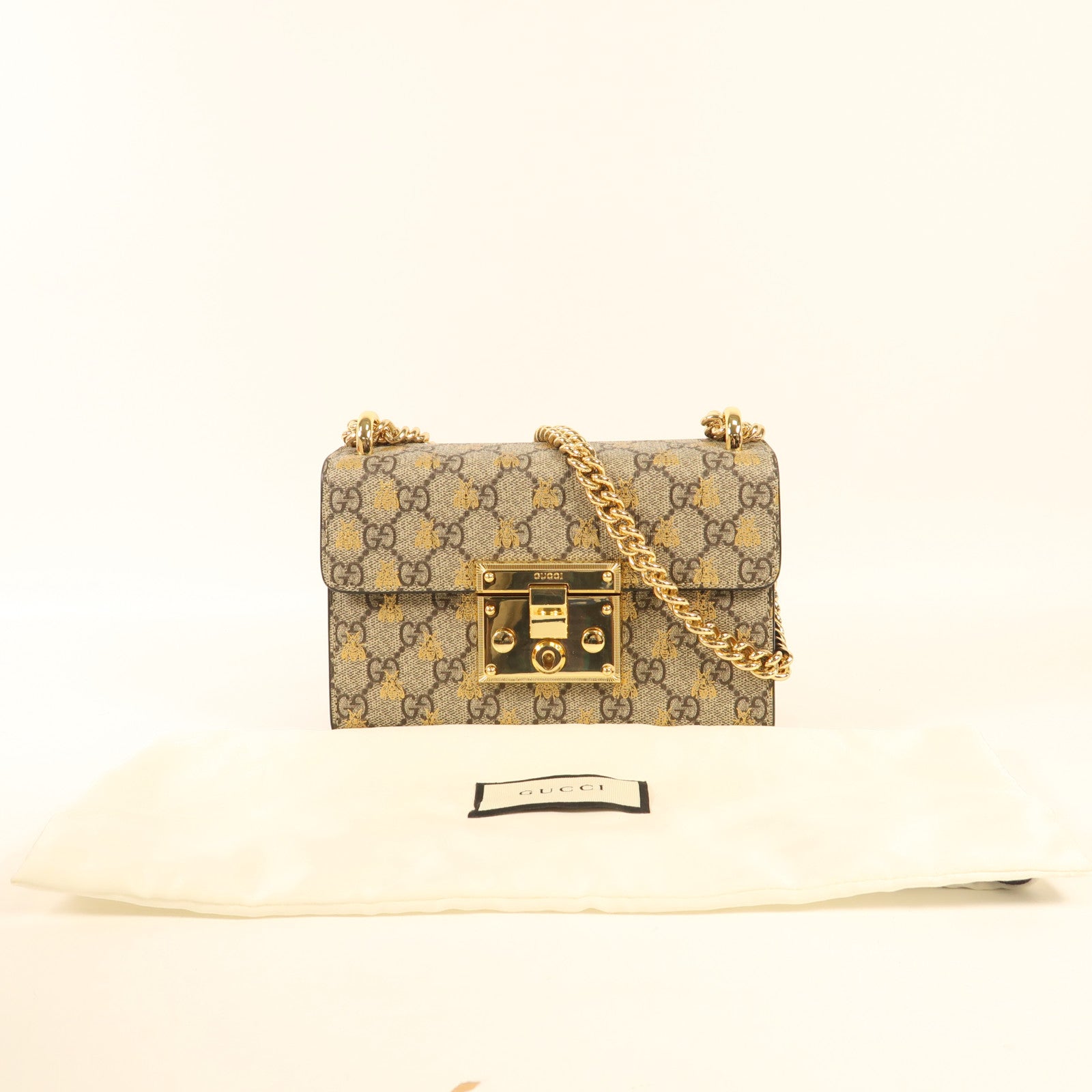 GUCCI 牛皮皮革PVC Padlock GG Chain Shoulder金扣鏈帶肩背袋