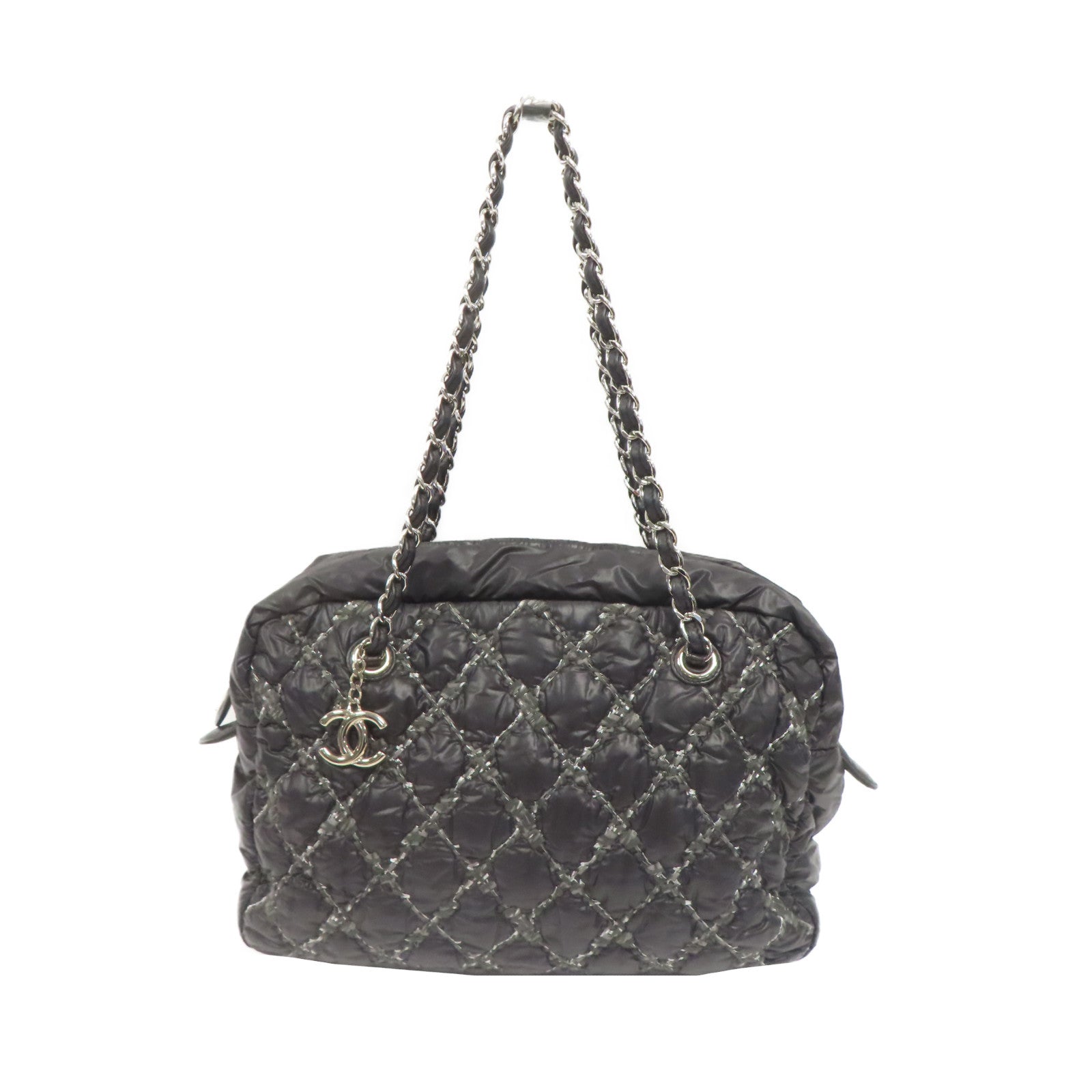 CHANEL 【激減優惠】菱格尼龍Chain Shoulder銀扣鏈帶肩背袋灰色