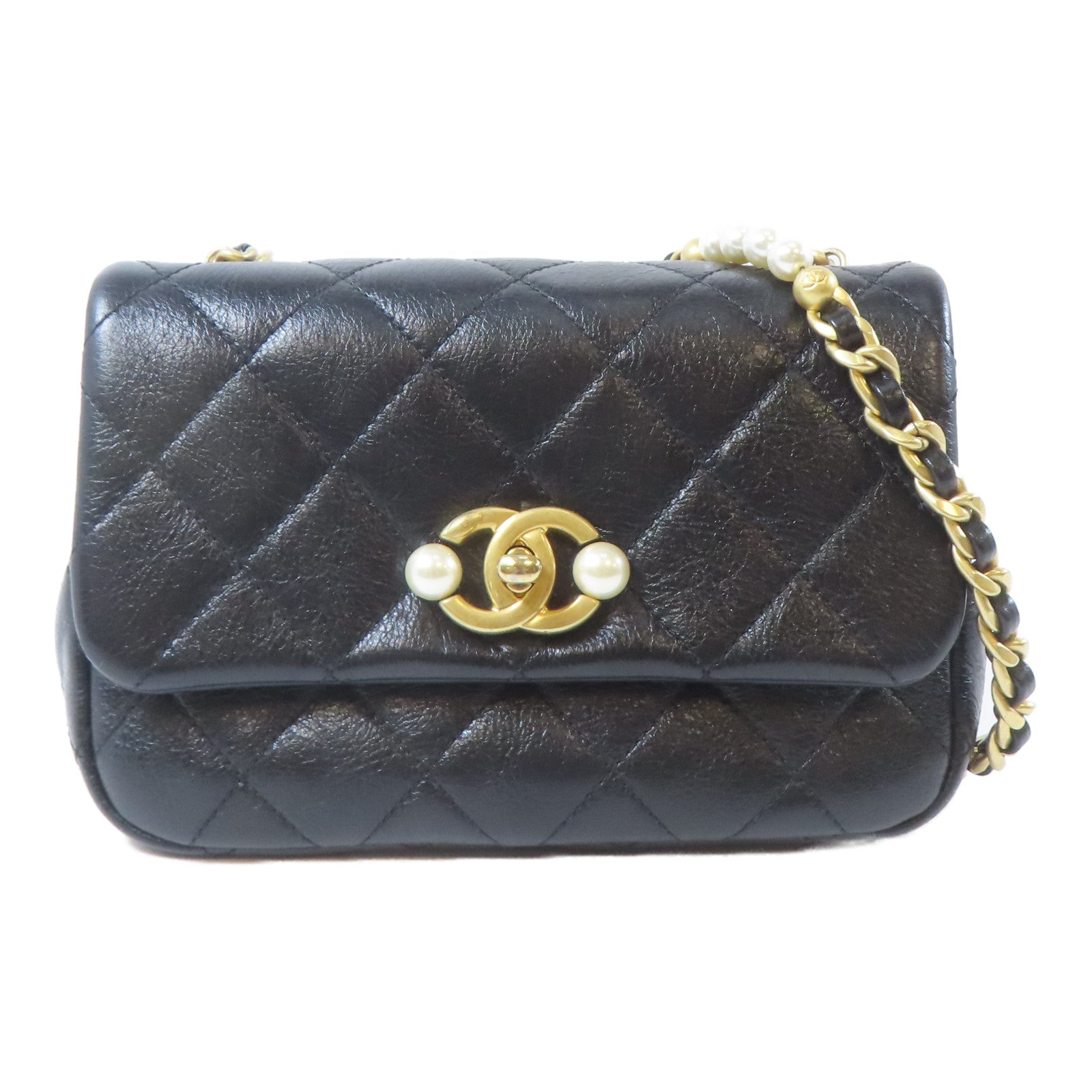 CHANEL 【激減優惠】菱格牛皮皮革Mini Flap Pearl金扣鏈帶肩背袋黑色