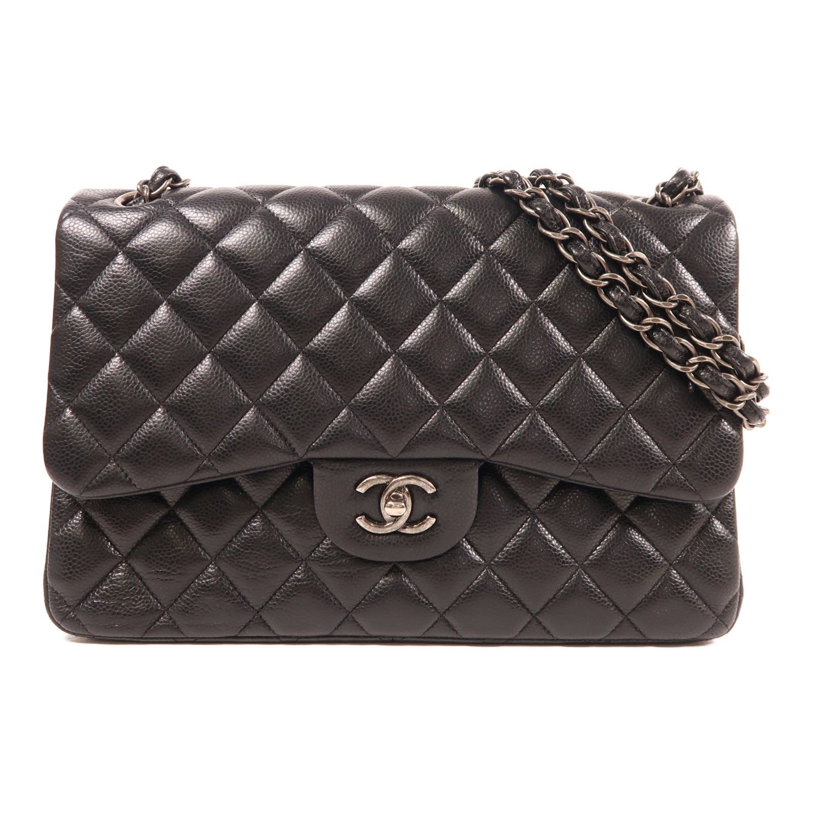 CHANEL 牛皮皮革Large Classic銀扣鏈帶肩背袋黑色