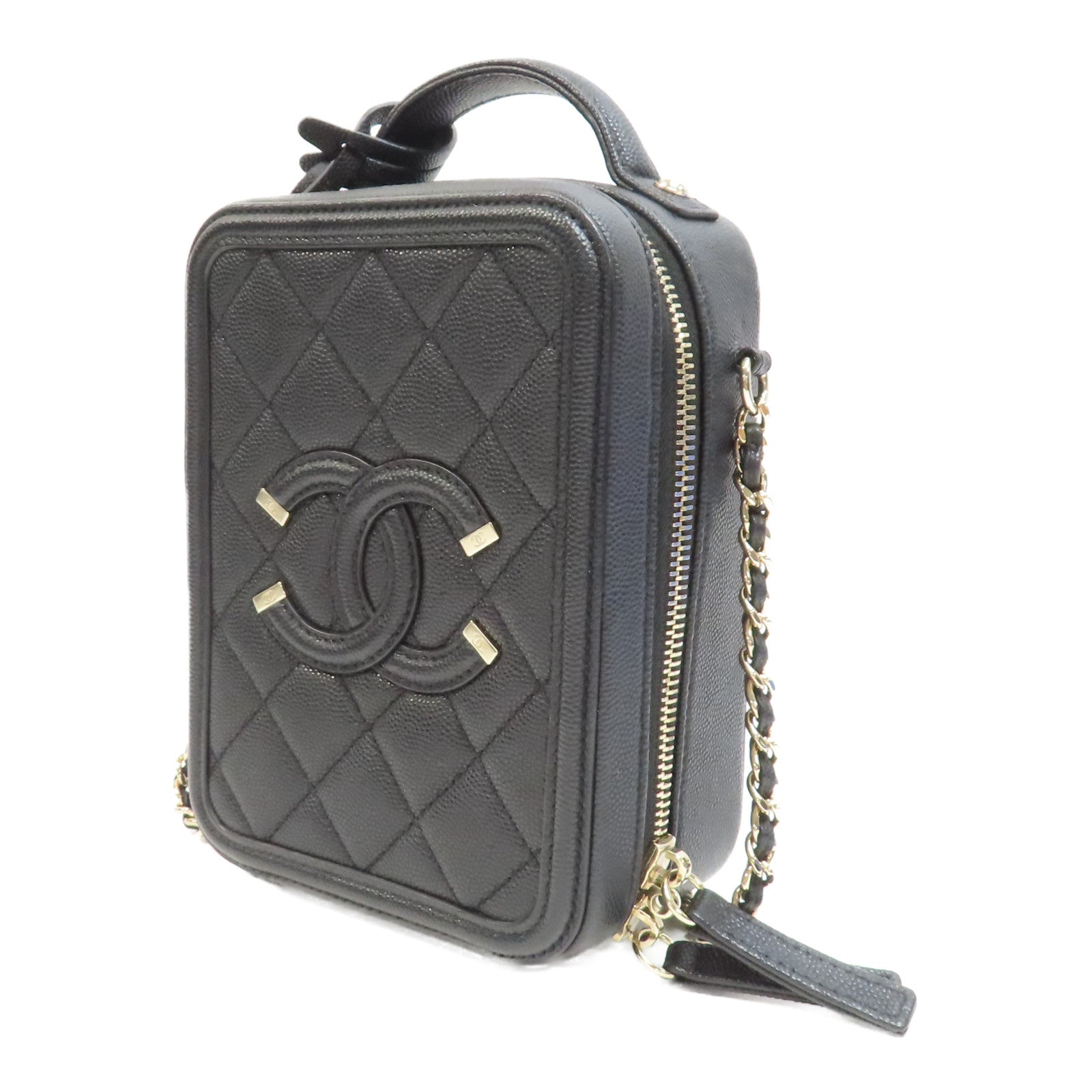 CHANEL 菱格Caviar皮革Vanity Case金扣手挽肩背兩用袋黑色