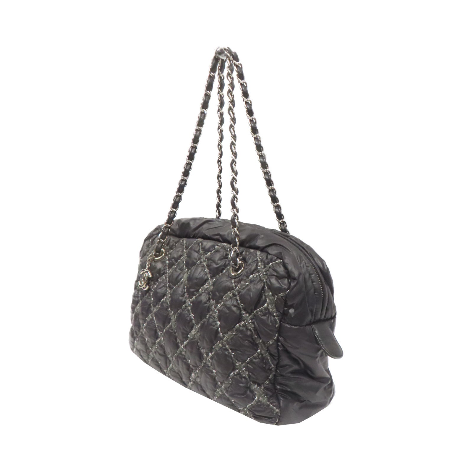 CHANEL 【激減優惠】菱格尼龍Chain Shoulder銀扣鏈帶肩背袋灰色