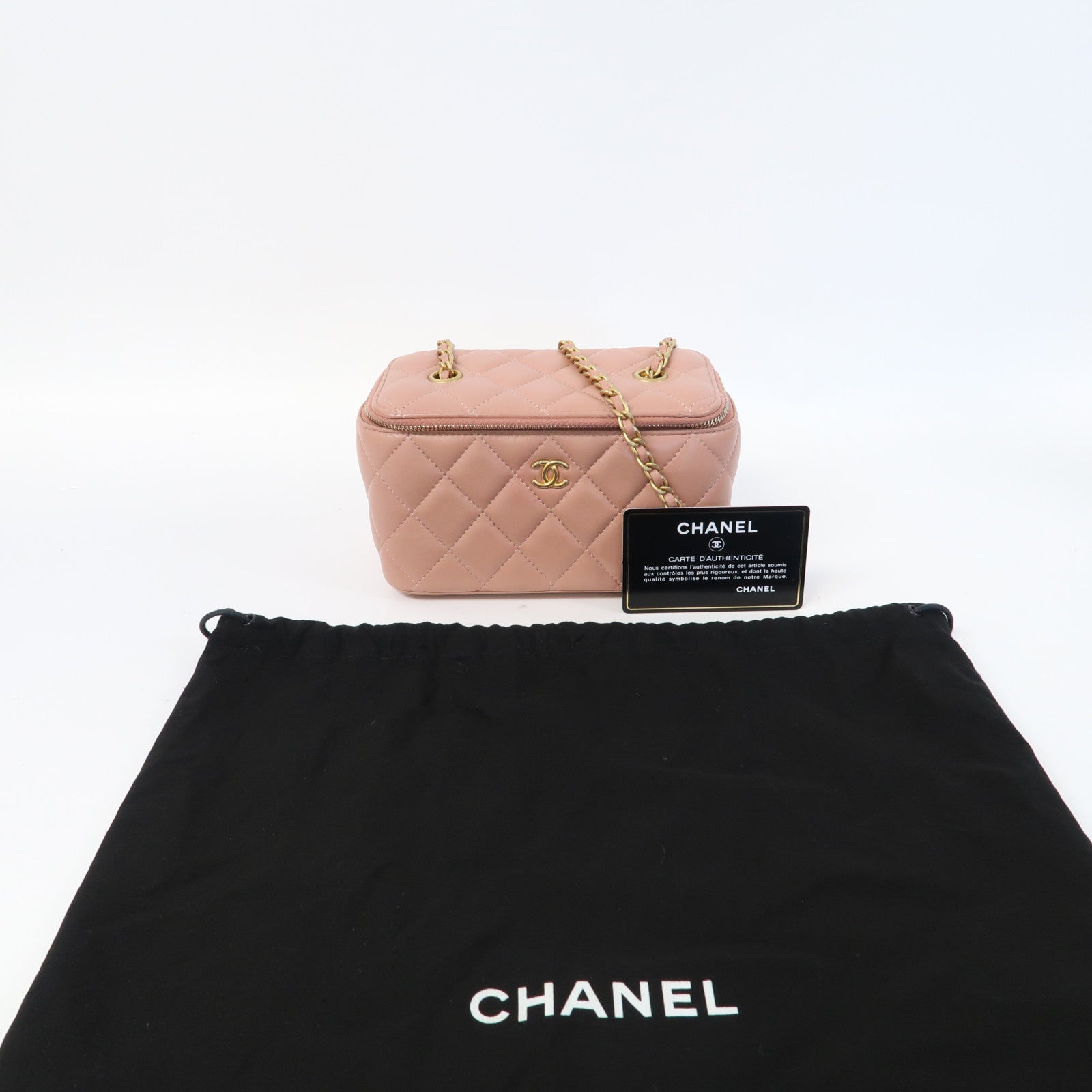 CHANEL 菱格羊皮皮革Vanity Case金扣鏈帶肩背袋粉紅色
