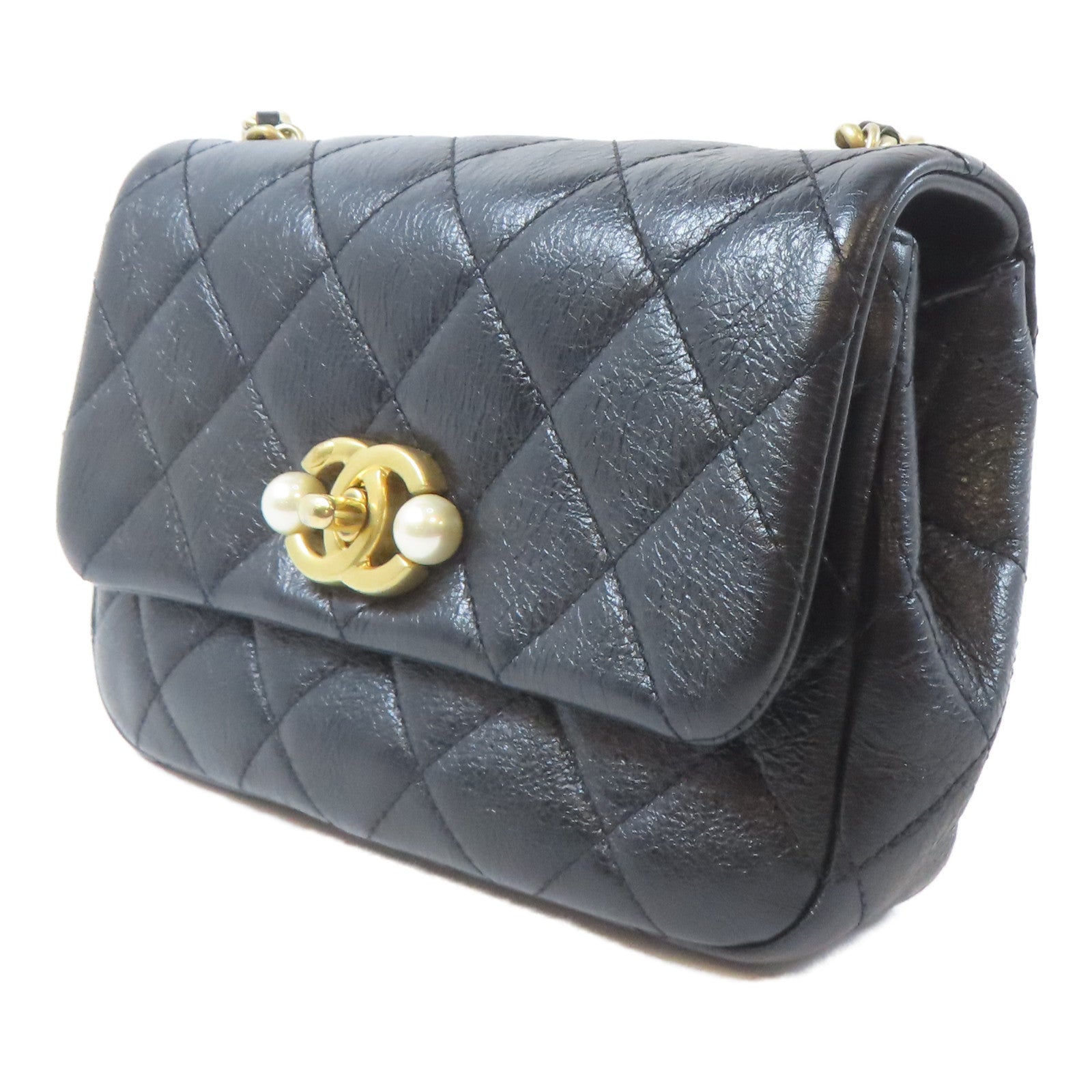 CHANEL 【激減優惠】菱格牛皮皮革Mini Flap Pearl金扣鏈帶肩背袋黑色