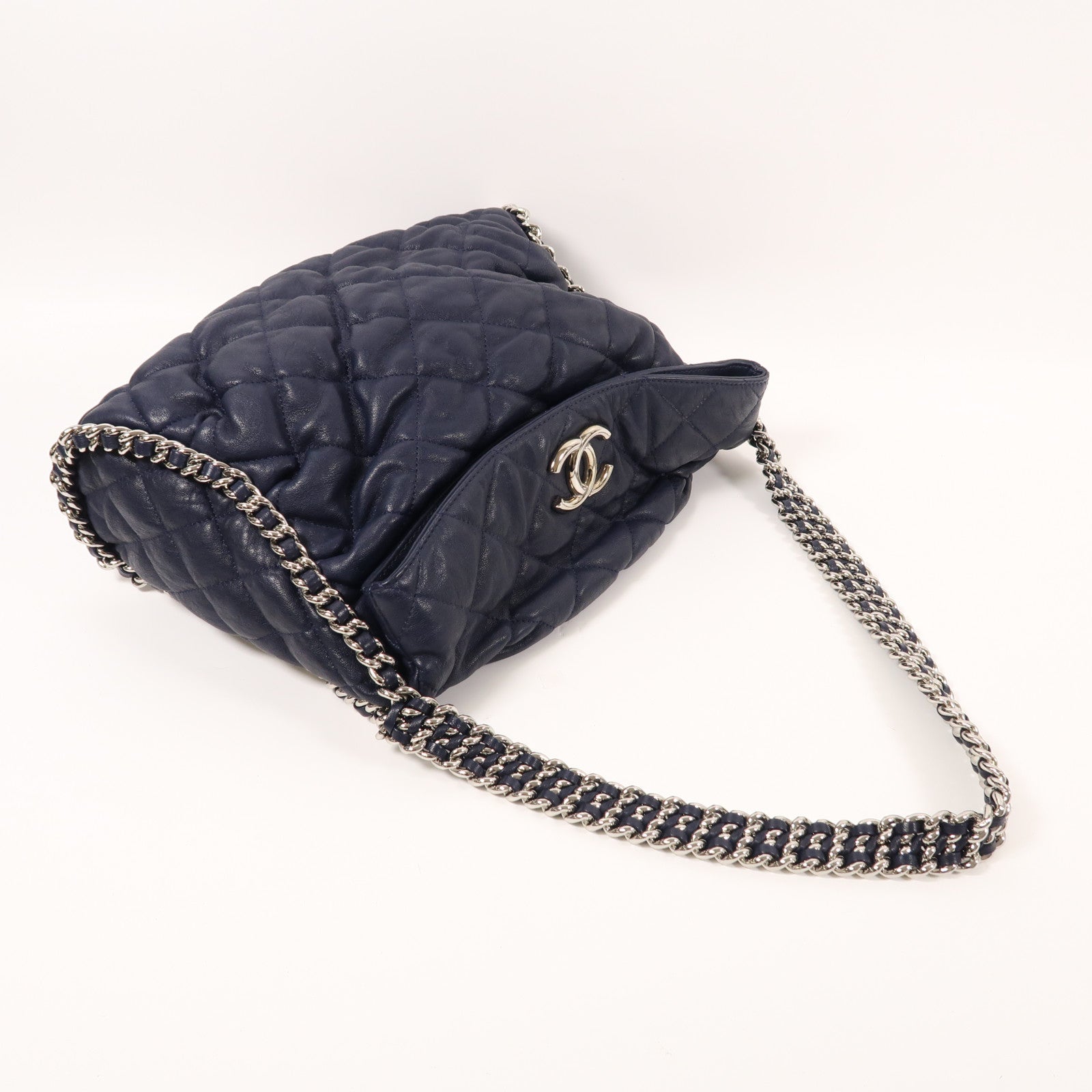 CHANEL 牛皮皮革Chain Shoulder銀扣鏈帶肩背袋