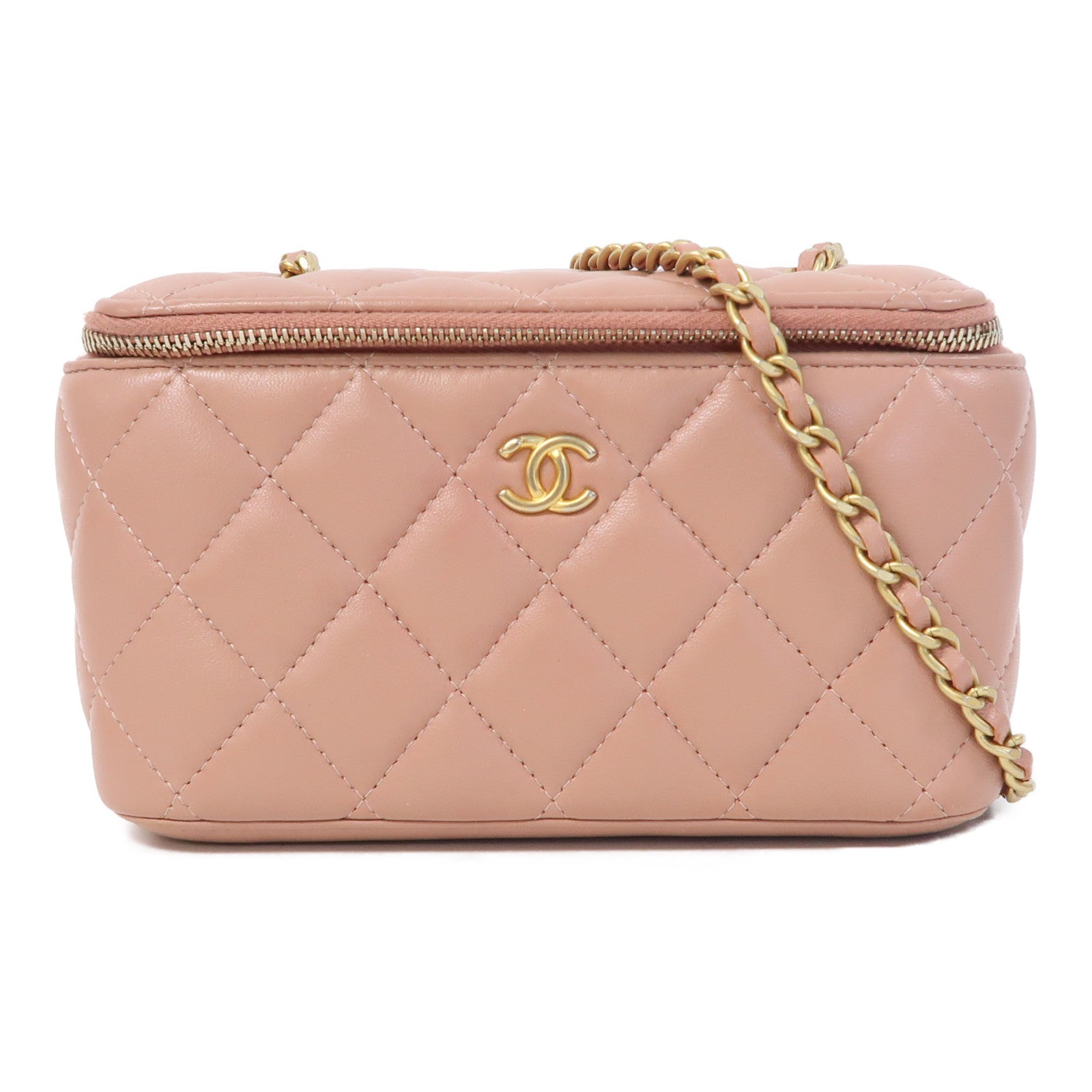 CHANEL 菱格羊皮皮革Vanity Case金扣鏈帶肩背袋粉紅色