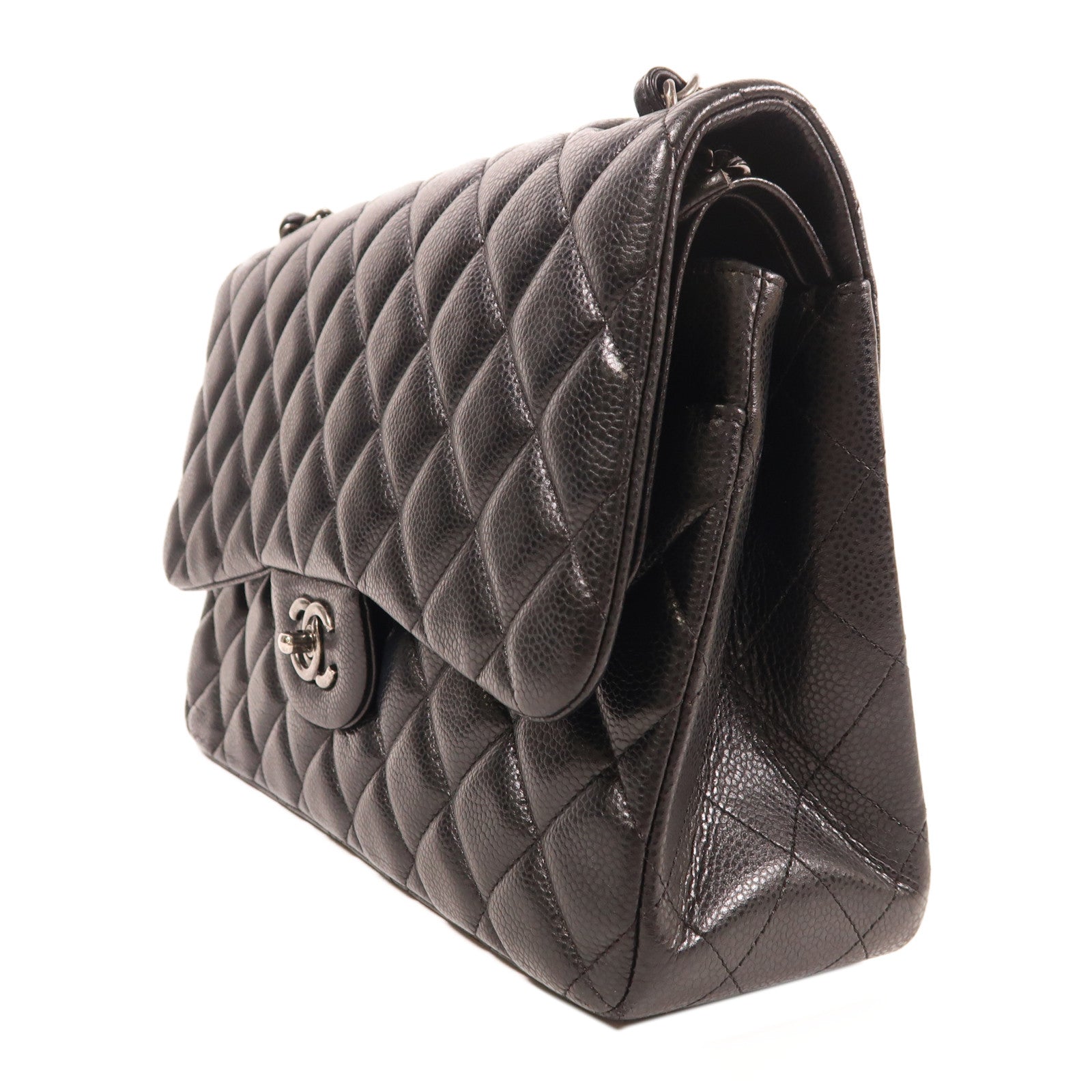 CHANEL 牛皮皮革Large Classic銀扣鏈帶肩背袋黑色