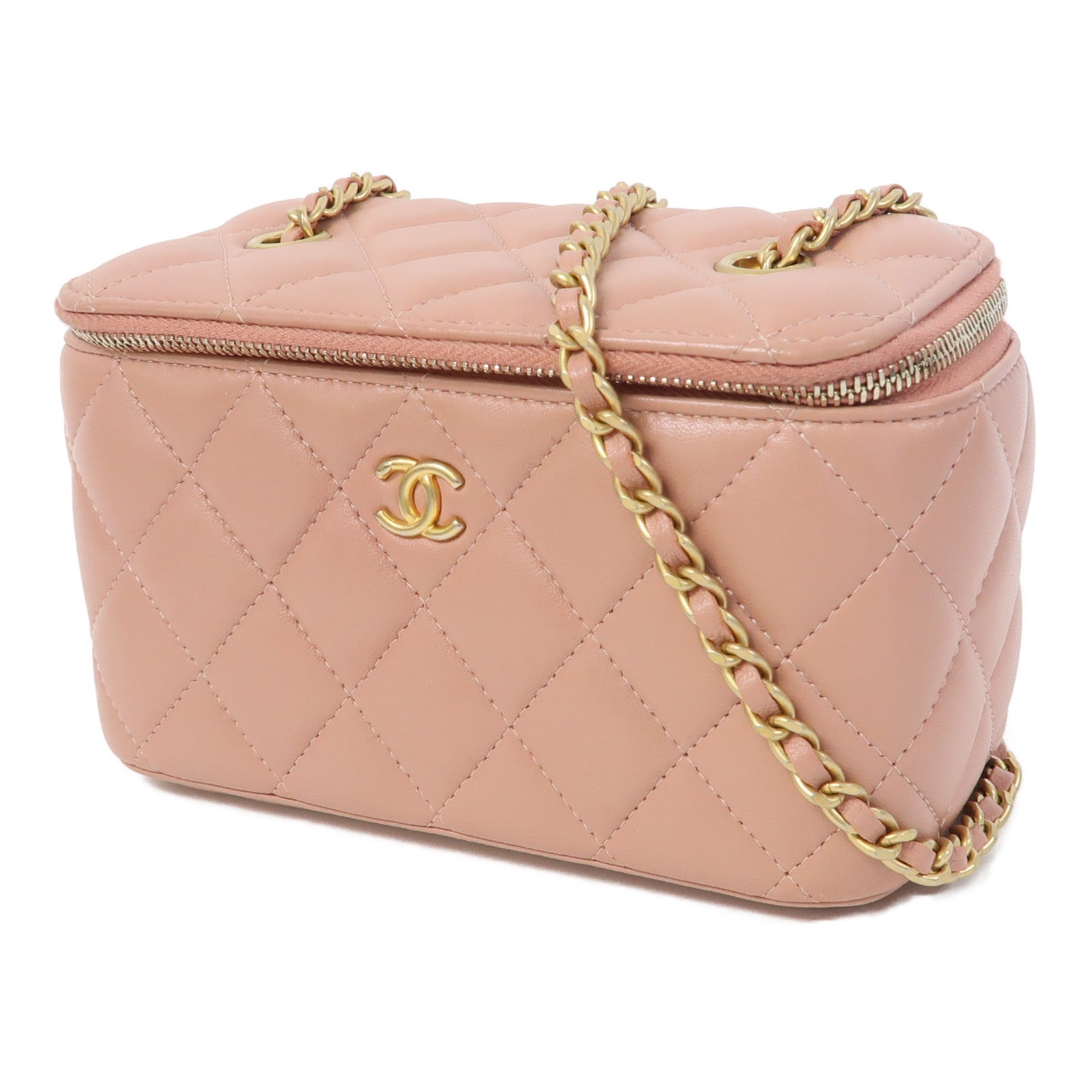 CHANEL 菱格羊皮皮革Vanity Case金扣鏈帶肩背袋粉紅色